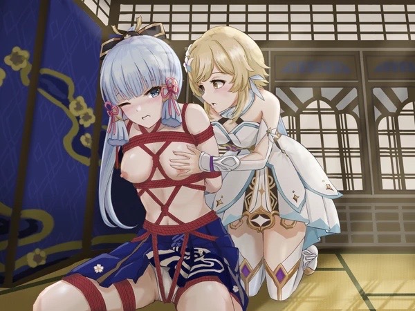2girls, bangs, blonde hair, blue hair, blush, bondage, breast grab, breasts, breasts out, female, female focus, female only, femdom, femsub, genshin impact, kamisato ayaka, lesbian sex, lumine (genshin impact), multiple females, multiple girls, one eye closed, panties, partially clothed, ponytail, red rope, rope bondage, rope harness, skirt, tied, tied up, topless, topless female, yuri