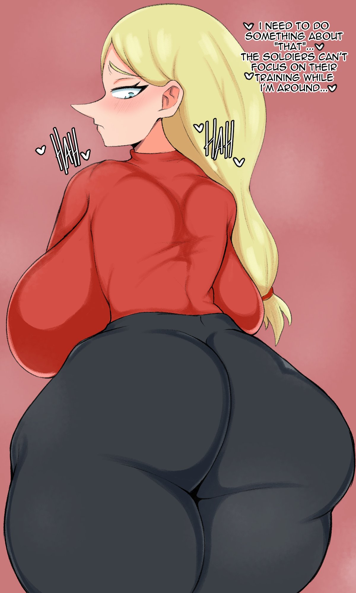 1girls ass back back_view backboob blonde blonde_hair blue_eyes blush blushing english english_text female female_only huge_ass huge_breasts light-skinned_female light_skin long_hair long_nose looking_back looking_down ousama_ranking pale-skinned_female pale_skin queen_hilling ranking_of_kings reecedantes simple_background solo solo_female solo_focus text thick_thighs wide_hips