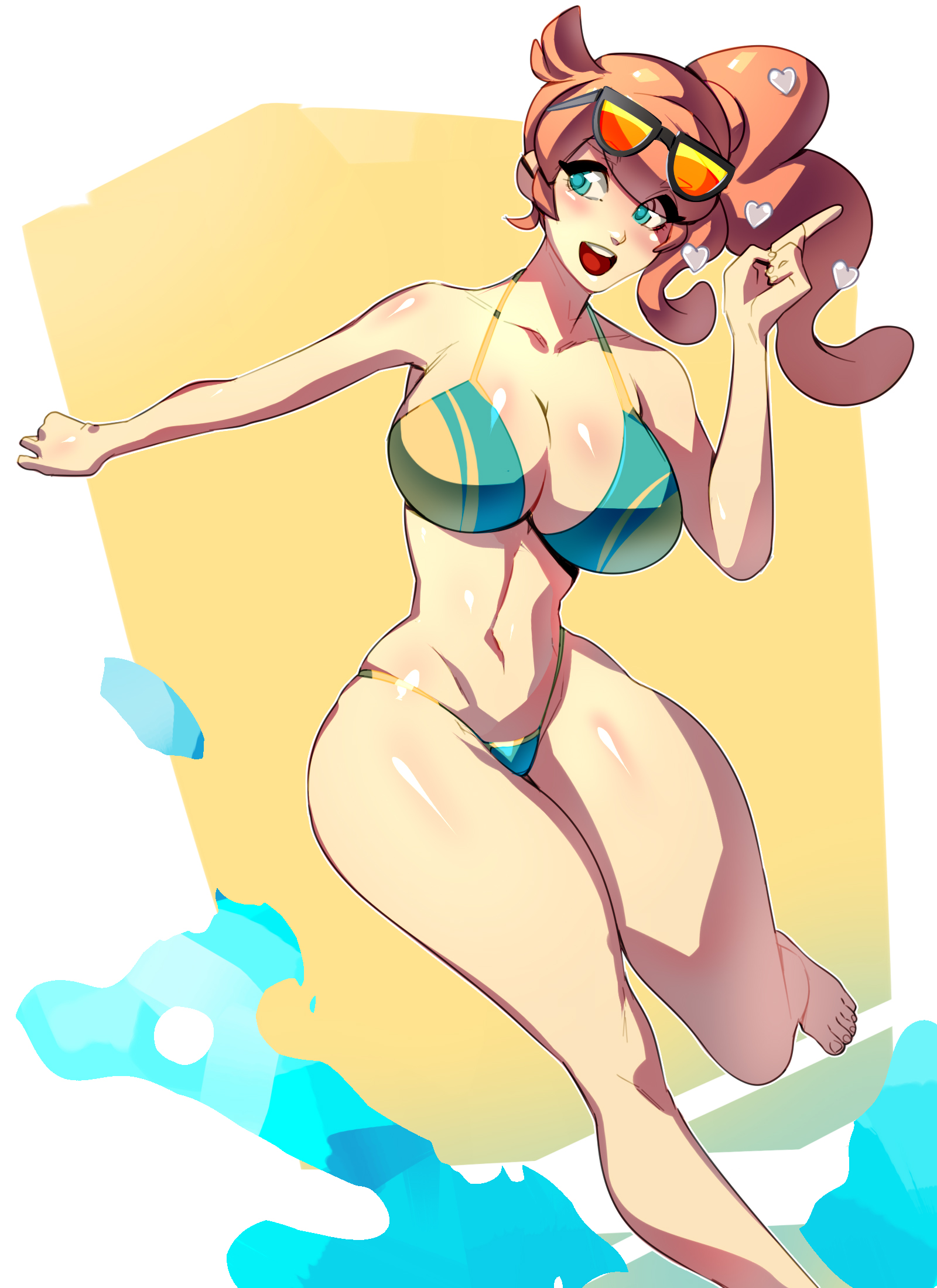 1girls, absurd res, alternate breast size, bikini, blue eyes, breasts, cleavage, eyewear, eyewear on head, female, female only, hi res, large breasts, nintendo, orange hair, pokemon, pokemon ss, shiny, shiny skin, solo, sonia (pokemon), swimsuit, thighs, wide hips, xdtopsu01