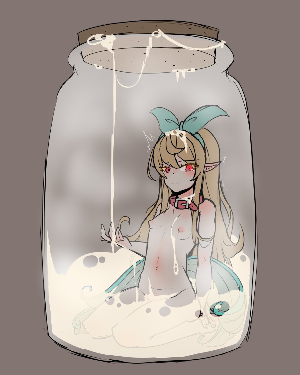 1girls blonde_hair completely_nude cum cum_jar cum_jar_(meme) cum_on_body cum_on_upper_body eyebrows_visible_through_hair fairy fairy_wings female female_focus female_only green_ribbon hair_ribbon jar kneeling long_hair meme minigirl moral_cacoethes navel nijisanji nijisanji_en nipples nude nude_female pointy_ears pomu_rainpuff red_eyes ribbon small_breasts solo solo_female tagme tearing_up virtual_youtuber wings youtube youtuber