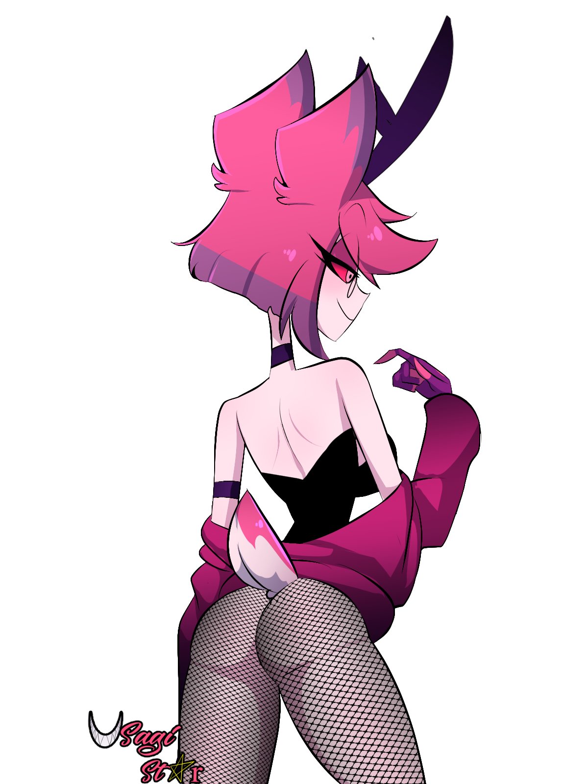 alastor (hazbin hotel), alastoria (hazbin hotel), ass, bunnysuit, female, female alastor, fishnets, hazbin hotel, robe, rule 63, smile, smooth skin, tagme, tail, usagi star, vivienne medrano, white background