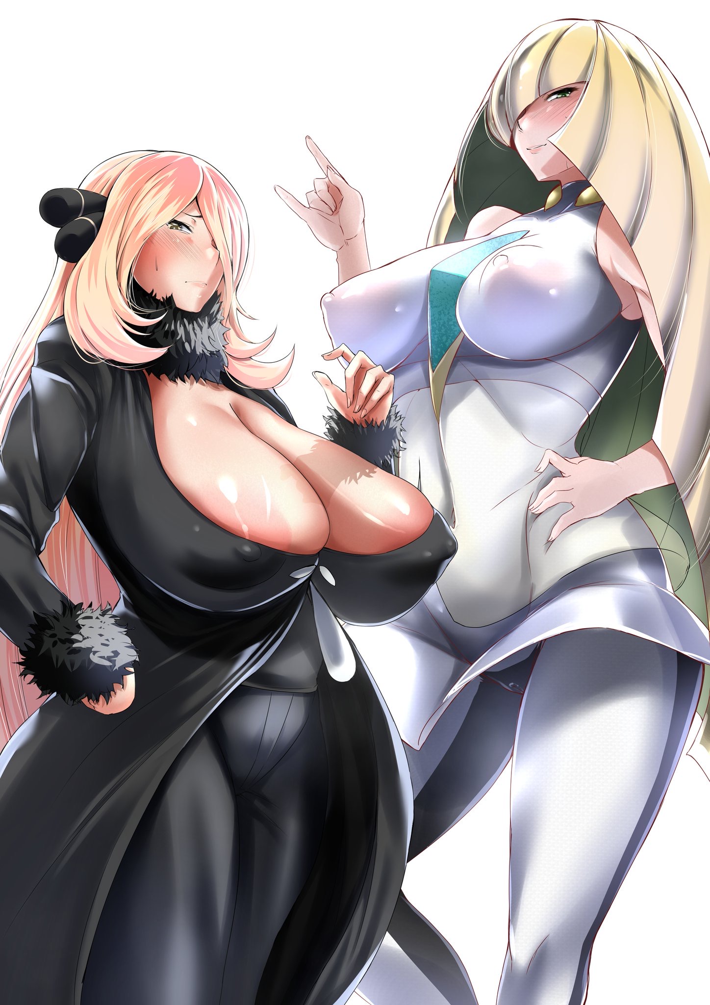 2girls, alternate breast size, big breasts, black dress, black eyes, blonde hair, blush, bottomwear, breasts, cleavage, clothing, curvaceous, curvy, cynthia (pokemon), dress, embarrassed, erect nipples, female, female only, green eyes, hair, hair ornament, hair over one eye, hand on hip, huge breasts, large breasts, long hair, lusamine (pokemon), mature, mature female, milf, mother, multiple females, multiple girls, nipples, nipples visible through clothing, outfit, pants, plump, pokemon, pokemon dppt, pokemon sm, sweatdrop, thick thighs, thighs, tomako (tatihitoe), topwear, venus body, voluptuous, white dress