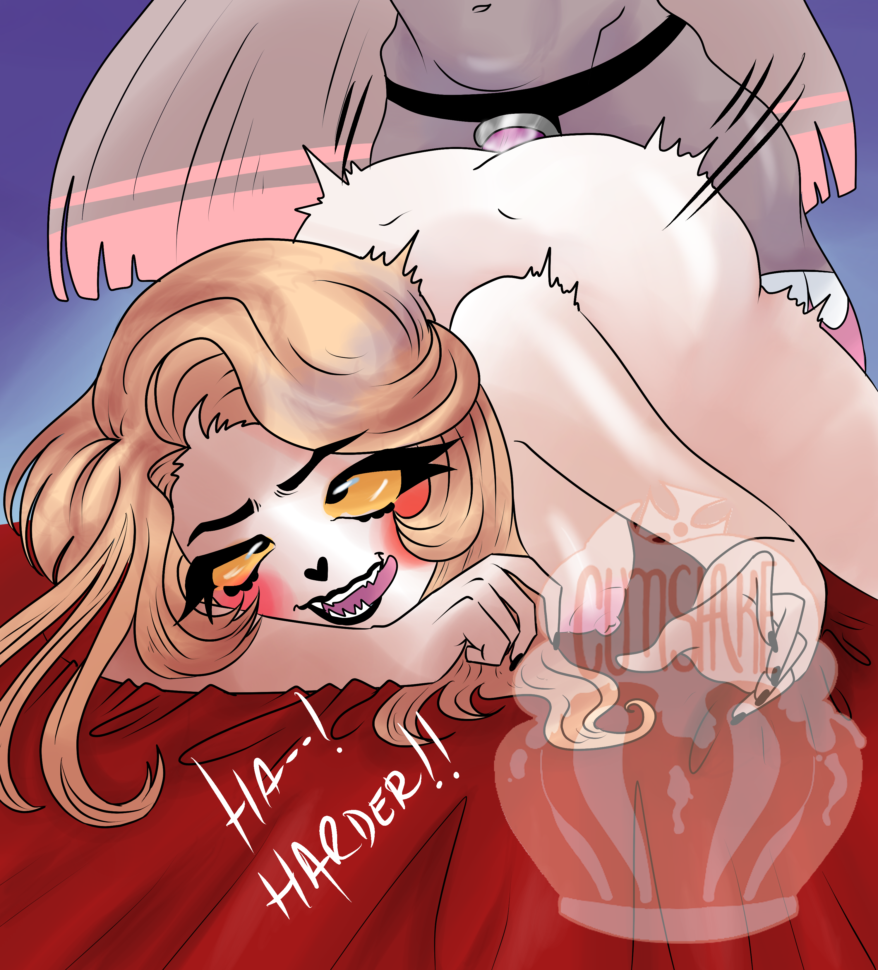 2girls, charlie morningstar (hazbin hotel), cumshakequeen, demon, demon girl, female, female only, hazbin hotel, lesbian sex, multiple females, multiple girls, naked, nude, sex toy, straight hair, strap-on, strapon, vaggie (hazbin hotel), yuri