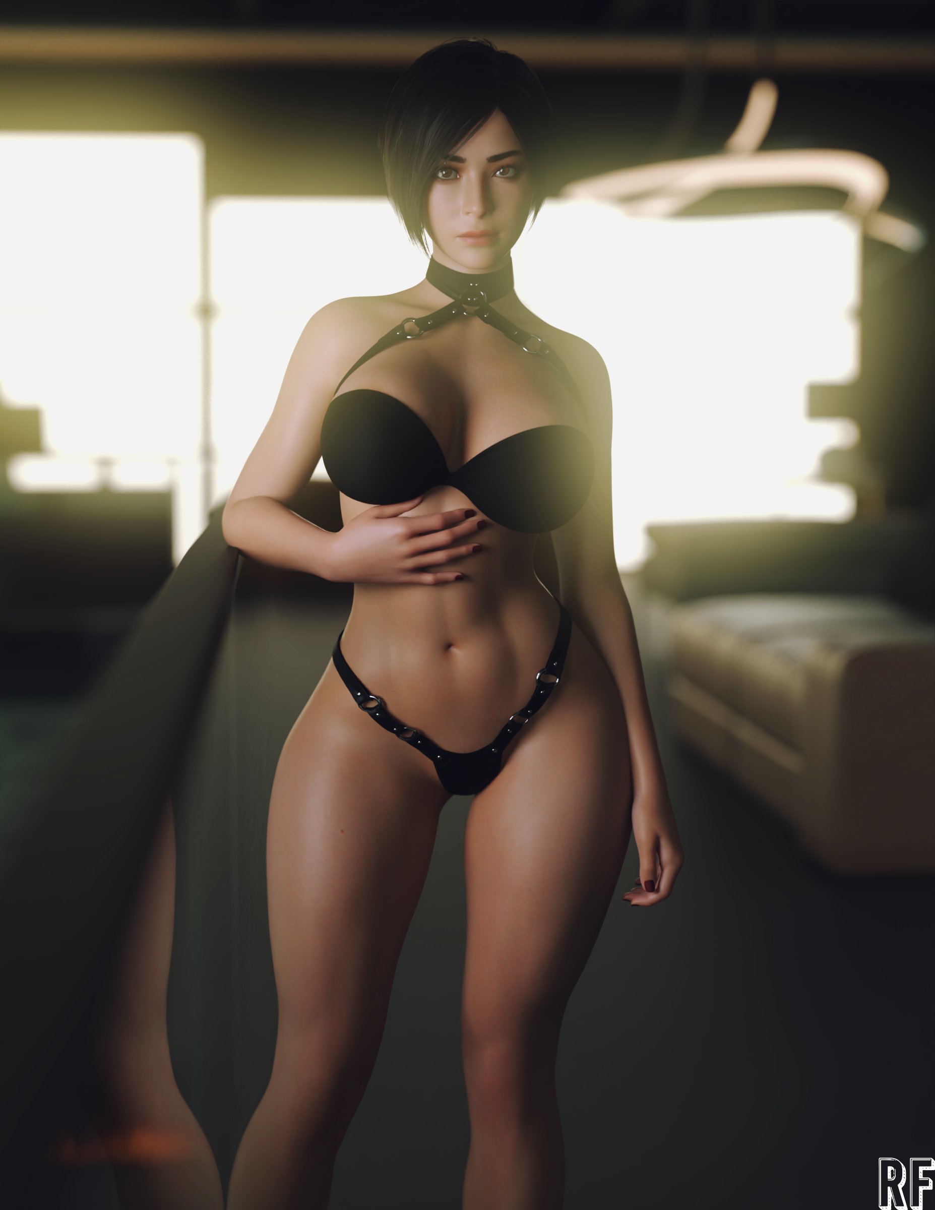 1girls, 3d, absurdres, ada wong, ada wong (adriana), athletic, athletic female, bandeau bikini, black hair, breasts, brown eyes, capcom, cleavage, curvy figure, female, female only, highres, large breasts, linea alba, looking at viewer, navel, resident evil, resident evil 2, resident evil 2 remake, rude frog, short hair, solo, thighs, wide hips