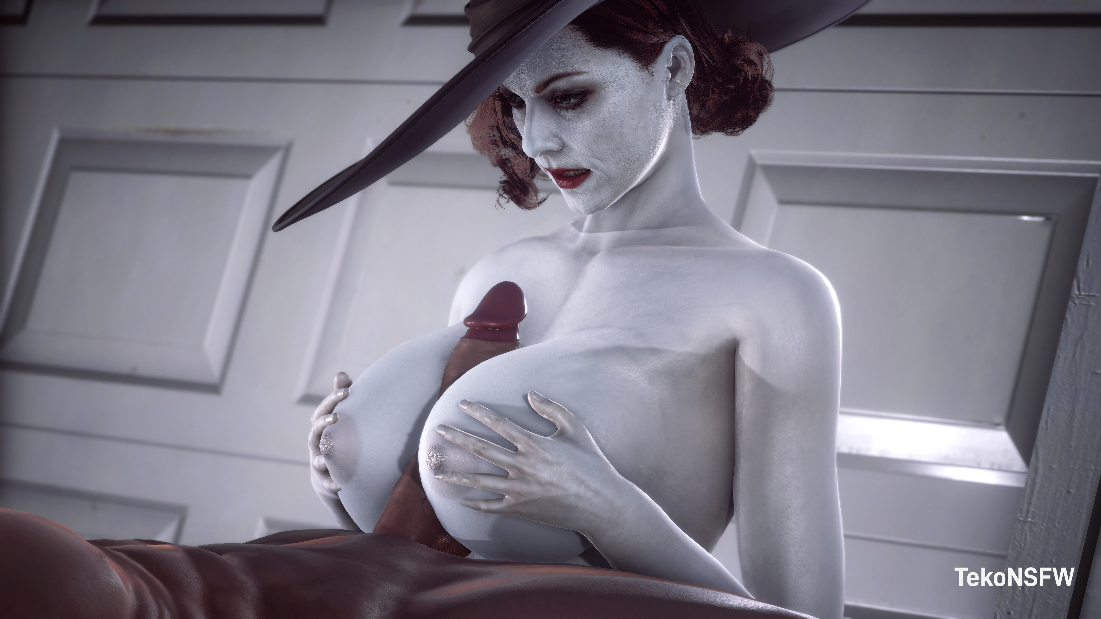 1boy, 1girls, 3d, absurd res, alcina dimitrescu, areolae, big breasts, breasts, capcom, dark skin, dark-skinned male, female, hat, hi res, highres, interracial, large breasts, lipstick, male, mature female, milf, nipples, paizuri, penis, resident evil, resident evil 8: village, straight, tekonsfw, titjob, vampire, white skin