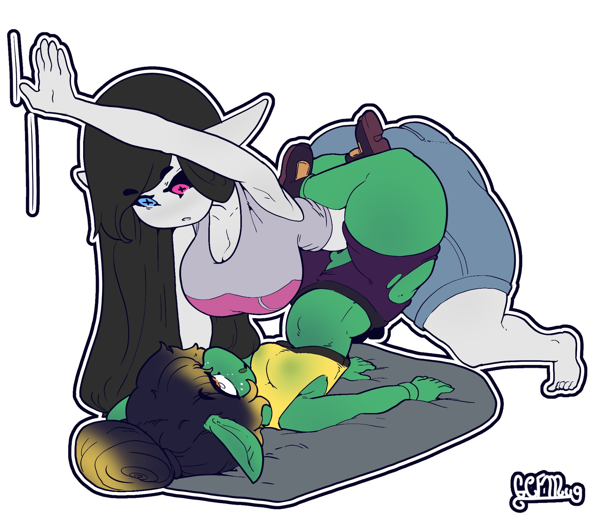1futa, 1girls, against wall, ass, bent over, big belly, big breasts, black hair, black sclera, blonde hair, blue eyes, bottom heavy, breasts, cleavage, clothed, clothing, duo, erection, female, futa on female, futanari, gcfmug, goblin, green skin, heterochromia, hourglass figure, huge ass, huge cock, humanoid, implied futa, intersex, jackie (durgentamar), leg lock, legs up, long ears, long hair, mostly clothed, on back, penis, pink eyes, pointy ears, stomach bulge, thick thighs, thin waist, two-tone hair, white skin, wide hips