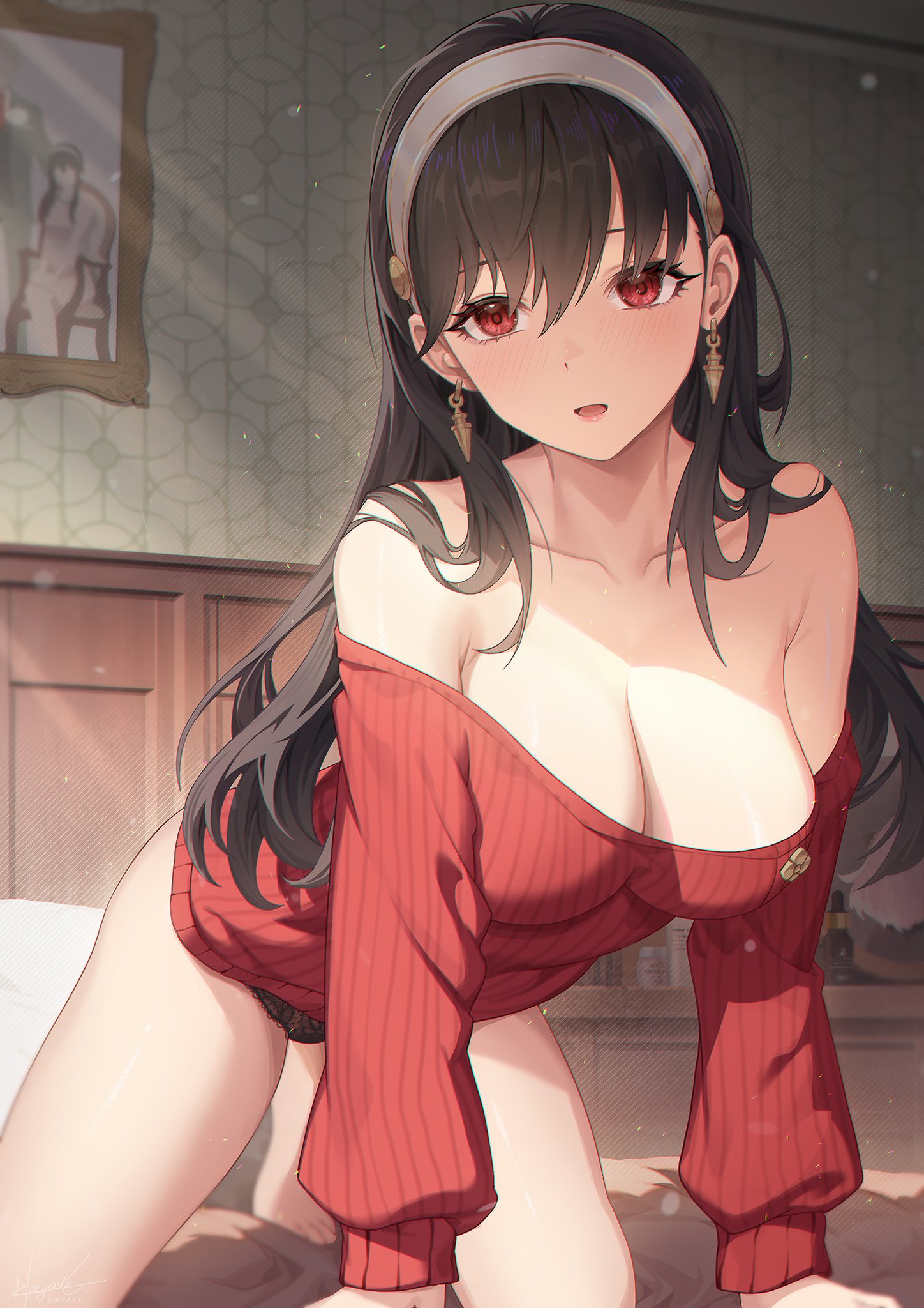 1girls, all fours, assassin, bangs, bare legs, bare shoulders, barefoot, bed, black hair, black panties, black underwear, blush, breasts, clavicle, cleavage, clothing, earrings, feet, female, female only, hairband, high resolution, indoors, jewelry, kneeling, large breasts, leaf98k, legs, light skin, light-skinned female, long hair, looking at viewer, no pants, off shoulder, open mouth, open-mouth smile, pantsu, red eyes, red sweater, sidelocks, smile, solo, spy x family, sweater, thighs, thorn princess, underwear, very long hair, yor briar, yor forger