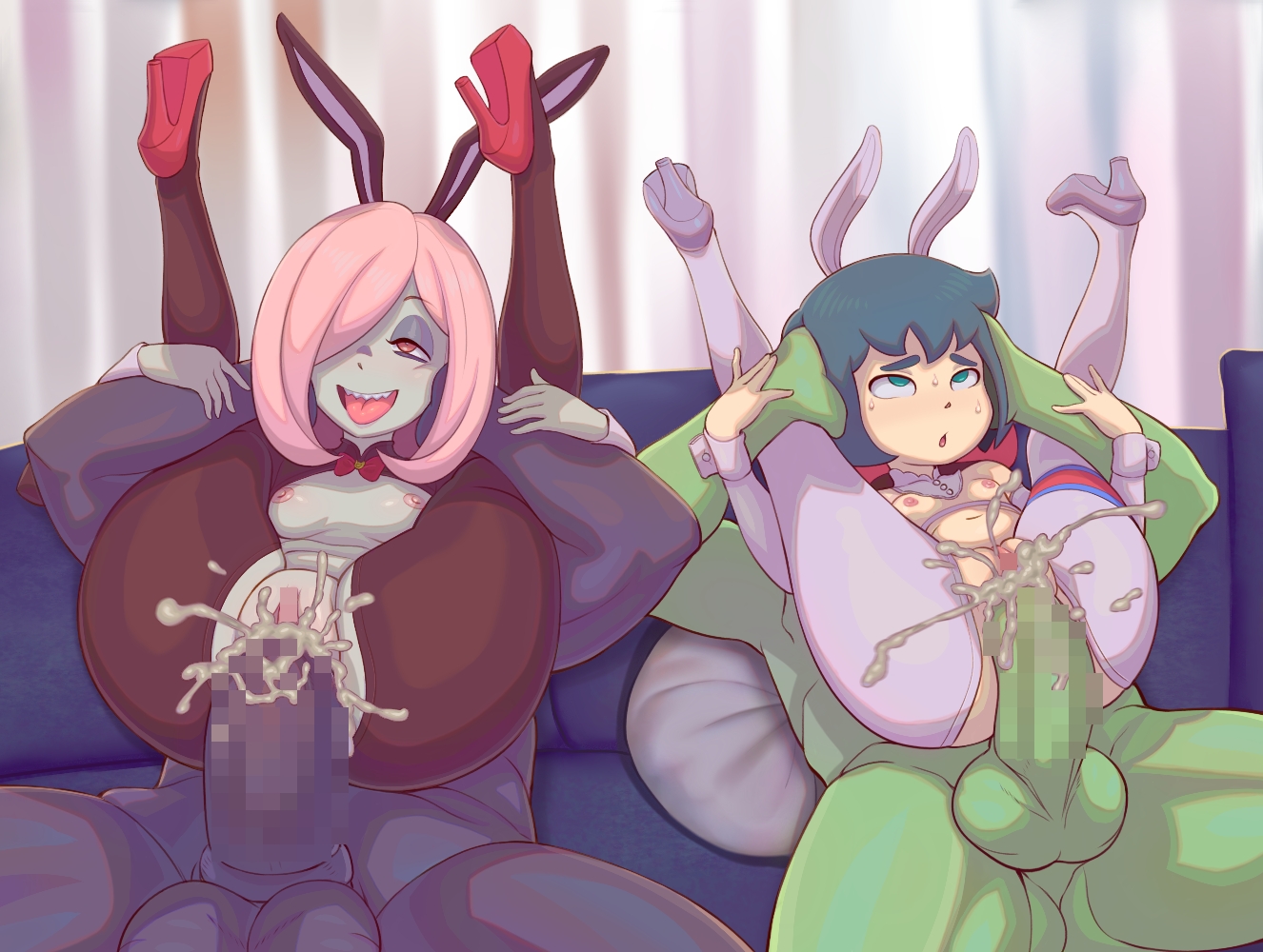 2boys, 2girls, balls, big penis, blue eyes, blue hair, blue skin, breasts, bunny ears, bunnysuit, censored, censored penis, constanze amalie von braunschbank-albrechtsberger, couch, couch sex, cum, cum in pussy, cum inside, cumming, double full nelson, eco19, ejaculation, female, full nelson, full nelson (legs held), full nelson vaginal, green skin, grey skin, high heels, light skin, little witch academia, long hair, male, mosaic censoring, pale skin, pantyhose, penetration, penis, pink eyes, pink hair, pussy, red ribbon, reverse bunnysuit, ribbon choker, sex, short hair, simple background, small breasts, straight, straight sex, sucy manbavaran, vaginal penetration