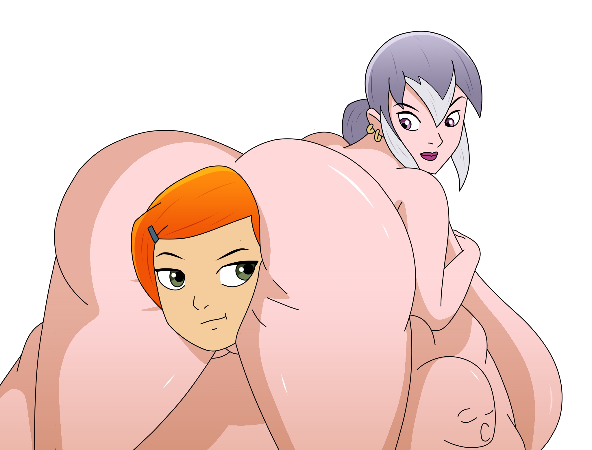 2girls, absorption vore, anal vore, anus, ass, belly, ben 10, ben 10 (classic), big belly, charmcaster, charmcaster (classic), damnitshuge, female, female only, grey hair, gwen tennyson, gwen tennyson (classic), multiple females, multiple girls, orange hair, pussy, same size vore, vore