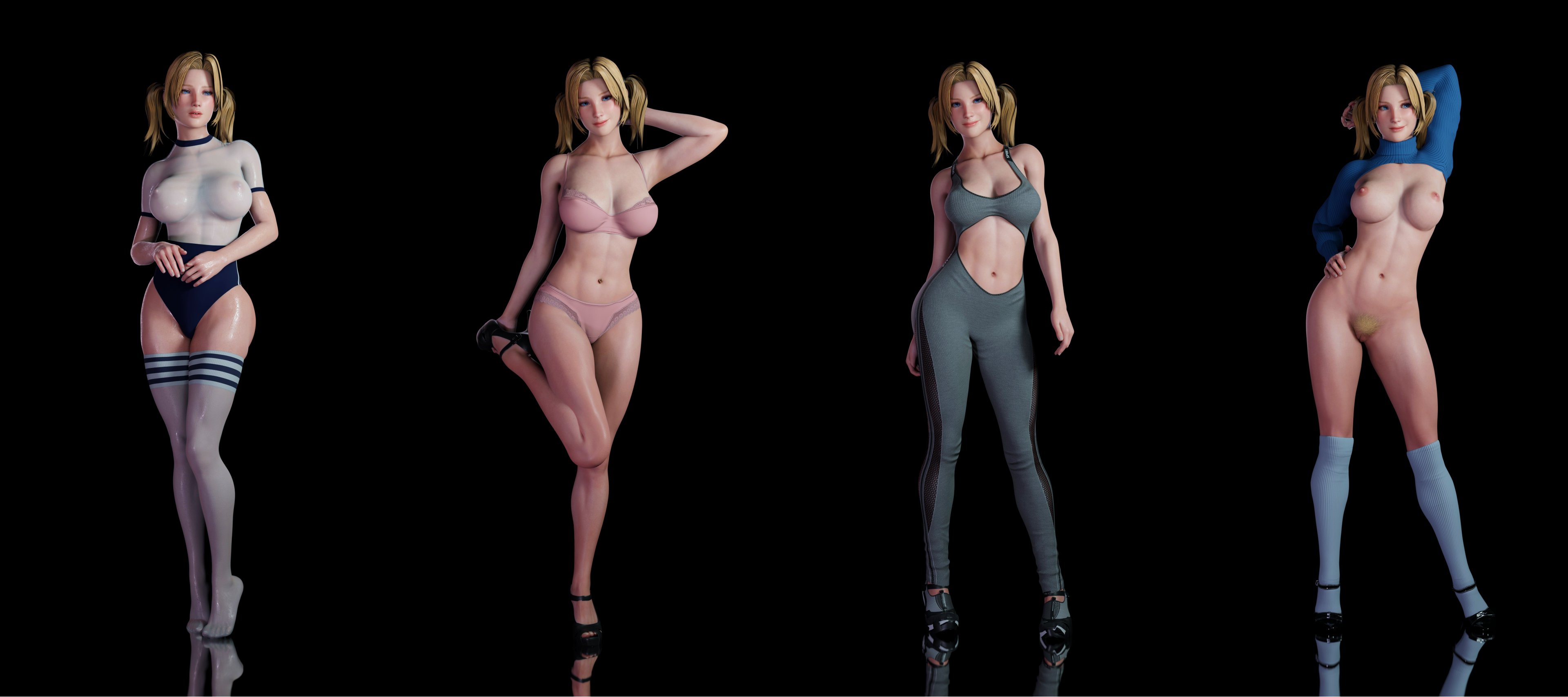 1girls, 3d, abs, areolae, big breasts, black background, blender, blonde hair, blue eyes, bra, breasts, buruma, dead or alive, female, female only, high heels, human, large breasts, looking at viewer, mustard sfm, naked footwear, nipples, nude, panties, pigtails, see-through, see-through clothing, skin tight, socks, solo, standing, thighhighs, tina armstrong