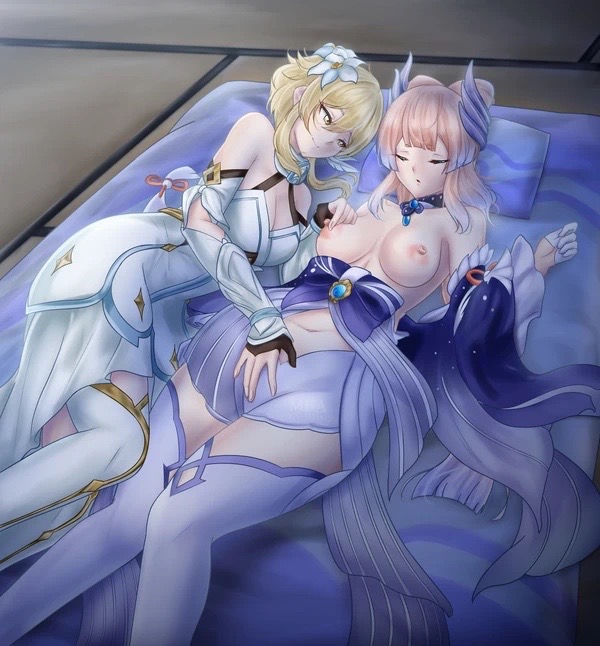 2girls, breasts, breasts out, closed eyes, exposed breasts, female, female only, foreplay, genshin impact, hand on crotch, hand on pussy, laying down, laying on bed, looking at partner, lumine (genshin impact), multiple females, multiple girls, nipple stimulation, partially clothed, pinching nipples, pussy, sangonomiya kokomi, yuri