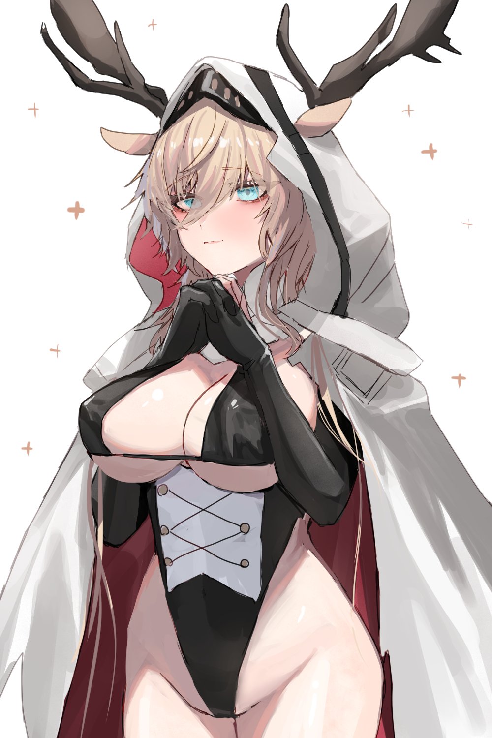 animal ears, antlers, arknights, bangs, big breasts, black gloves, blonde hair, blue eyes, blush, breasts, cape, cleavage, commentary, cowboy shot, deer antlers, deer ears, eyebrows visible through hair, female, gloves, groin, hair between eyes, highres, hood, hooded cape, horn/wood, large breasts, long hair, own hands together, raw egg lent, simple background, solo, standing, viviana (arknights), white background, white cape