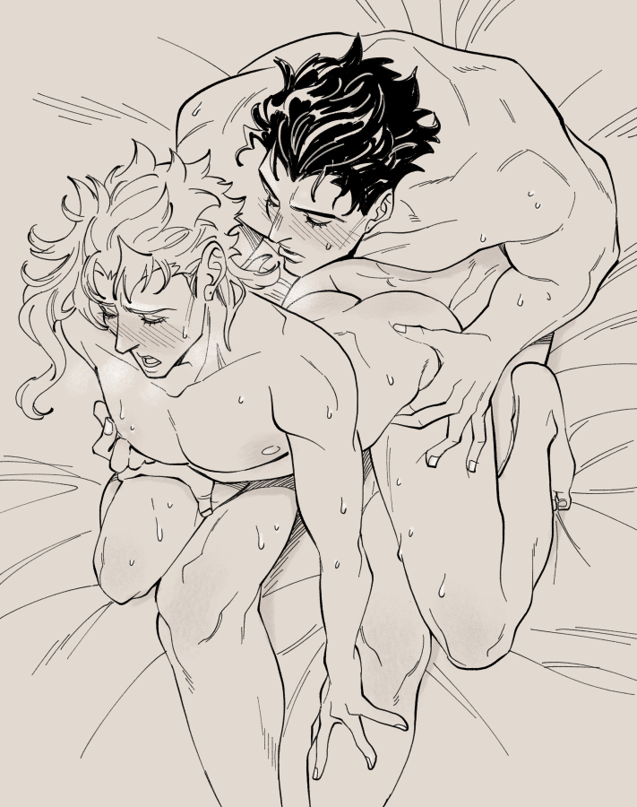 2boys, artist request, black hair, blush, bodily fluids, closed eyes, gay, jojo's bizarre adventure, jotaro kujo, looking pleasured, male, male only, male penetrated, male penetrating, male penetrating male, male/male, noriaki kakyoin, nude, nude male, open mouth, stardust crusaders, yaoi