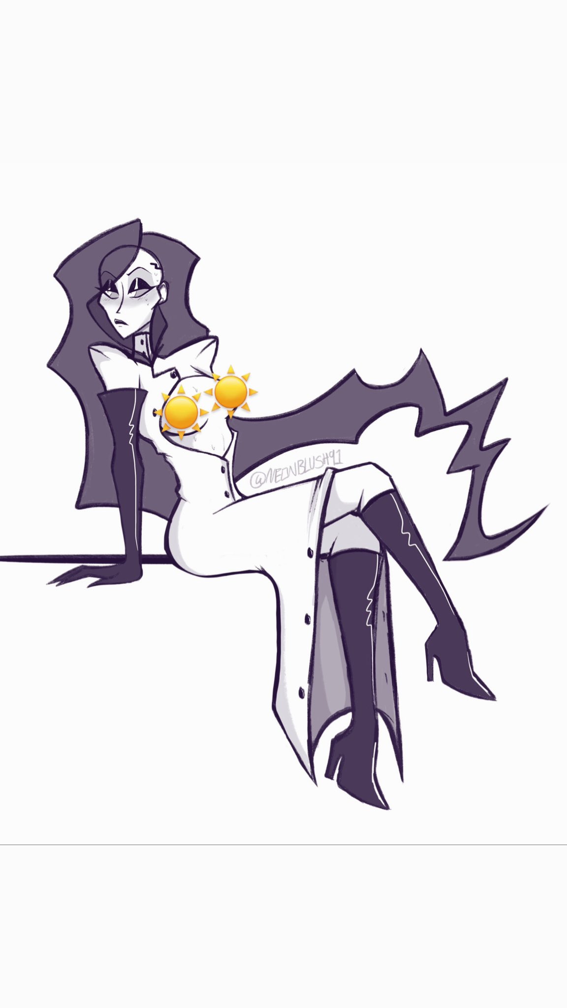 breasts breasts_out censored elbow_gloves high_heel_boots high_heels knee_boots labcoat penumbra_(villainous) see-through_hair villainous