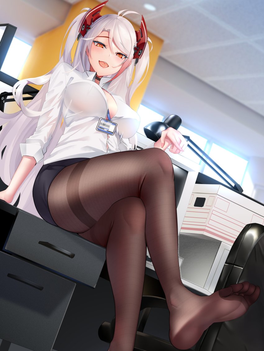 1girls, azur lane, bangs, black legwear, feet, female, femdom, foot fetish, lingerie, no shoes, pantyhose, prinz eugen (azur lane), secretary, skirt, thighband pantyhose, white hair