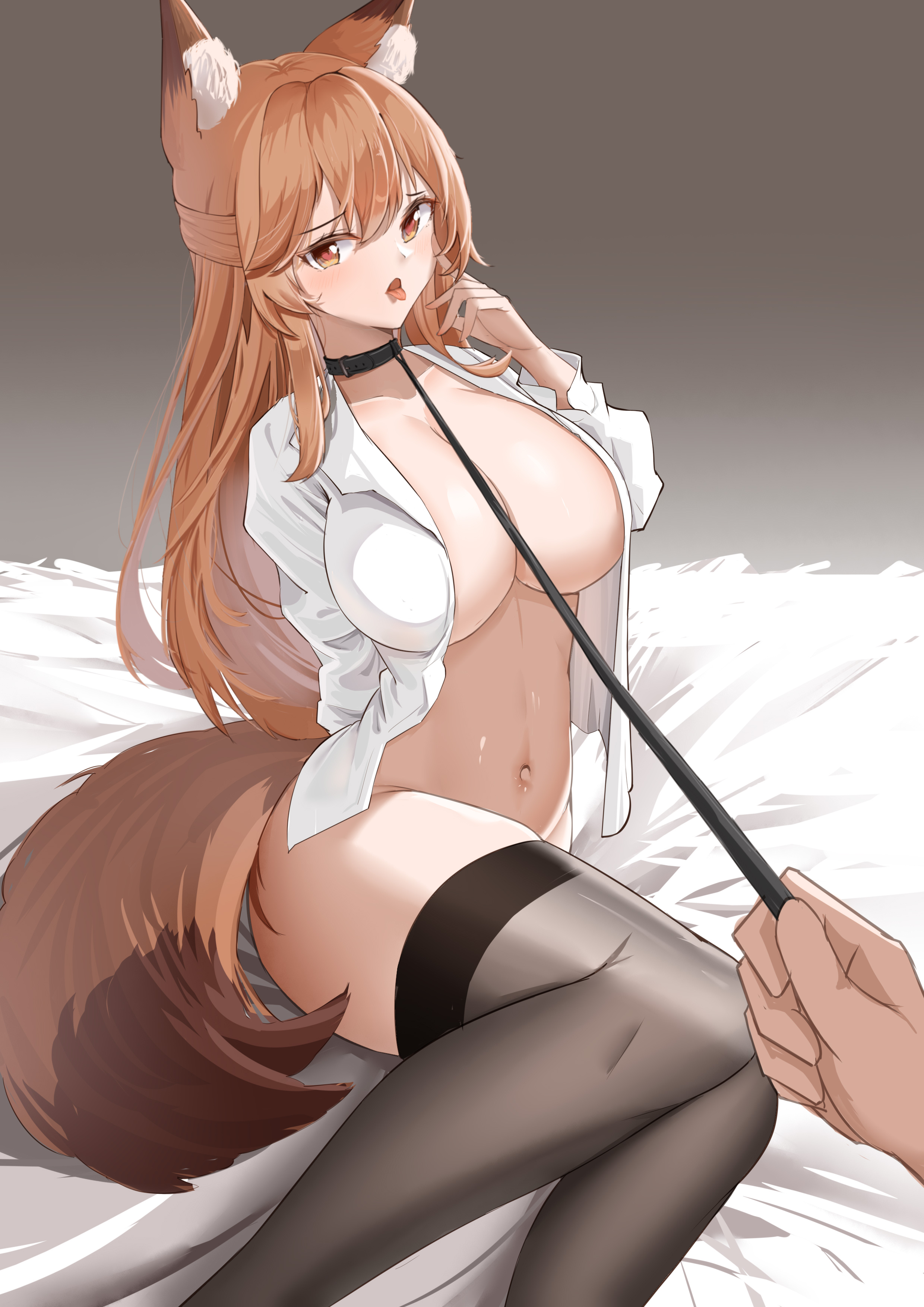 absurdres, animal ear fluff, animal ears, arknights, arm behind back, bangs, bed sheet, black legwear, blush, bondage, bottomless, bound, breasts, brown background, brown eyes, brown hair, cleavage, collar, collarbone, eyebrows visible through hair, feet out of frame, female, femsub, fox ears, fox girl, fox tail, franka (arknights), gradient, gradient background, highres, holding, large breasts, leash, long hair, long sleeves, looking at viewer, naked shirt, navel, on bed, open clothes, open mouth, open shirt, pov, reclining, shirt, slave, solo focus, stomach, symbol-shaped pupils, tail, thighhighs, tongue, tongue out, very long hair, viewer holding leash, white shirt, xianggu wu yan