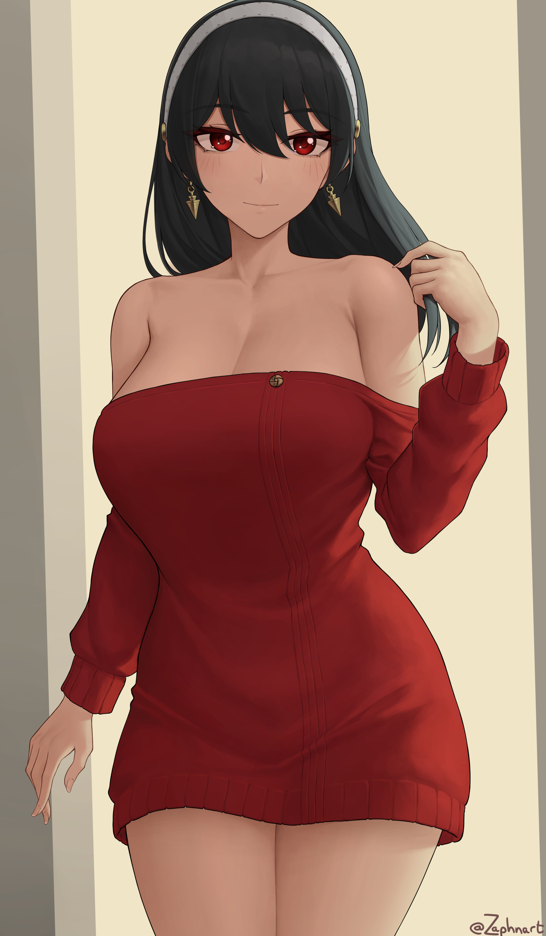 1girls, 2022, 2d, 2d (artwork), adjusting hair, alternate hairstyle, artist name, artist signature, assassin, black hair, blush, breasts, clothed, clothed female, female, female only, fully clothed, hair down, hi res, hips, human, human only, large breasts, long hair, looking at viewer, milf, questionable, red eyes, sfw, slim waist, smile, solo, solo female, spy x family, thick thighs, thighs, thorn princess, wide hips, yor briar, yor forger, zaphn