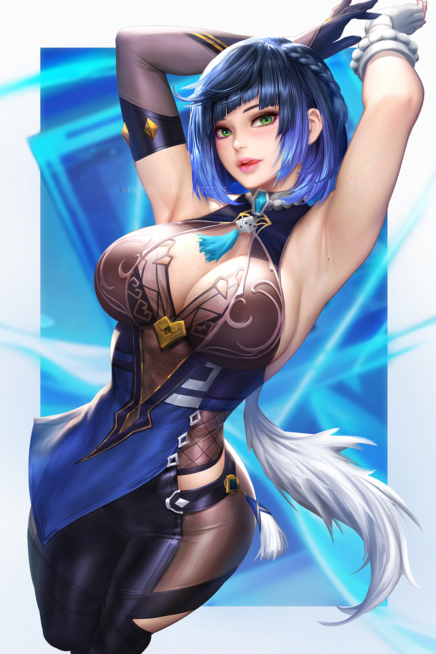 ass, big ass, blue hair, breasts, female, genshin impact, green eyes, large breasts, light skin, light-skinned female, neoartcore, nudtawut thongmai, raised arms, thick thighs, wide hips, yelan (genshin impact)