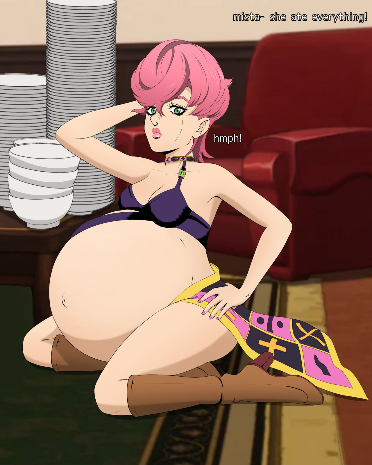 1girls belly belly_button belly_inflation belly_stuffing big_belly bloated bloated_belly bowls breasts cleavage empty_bowls empty_plates fat fat_woman female female_only green_eyes hand_on_hip hands_behind_head inflated_belly inflation jojo's_bizarre_adventure large_belly navel outie_navel pink_hair plates shab-eru solo stuffed stuffed_belly stuffing trish_una vento_aureo