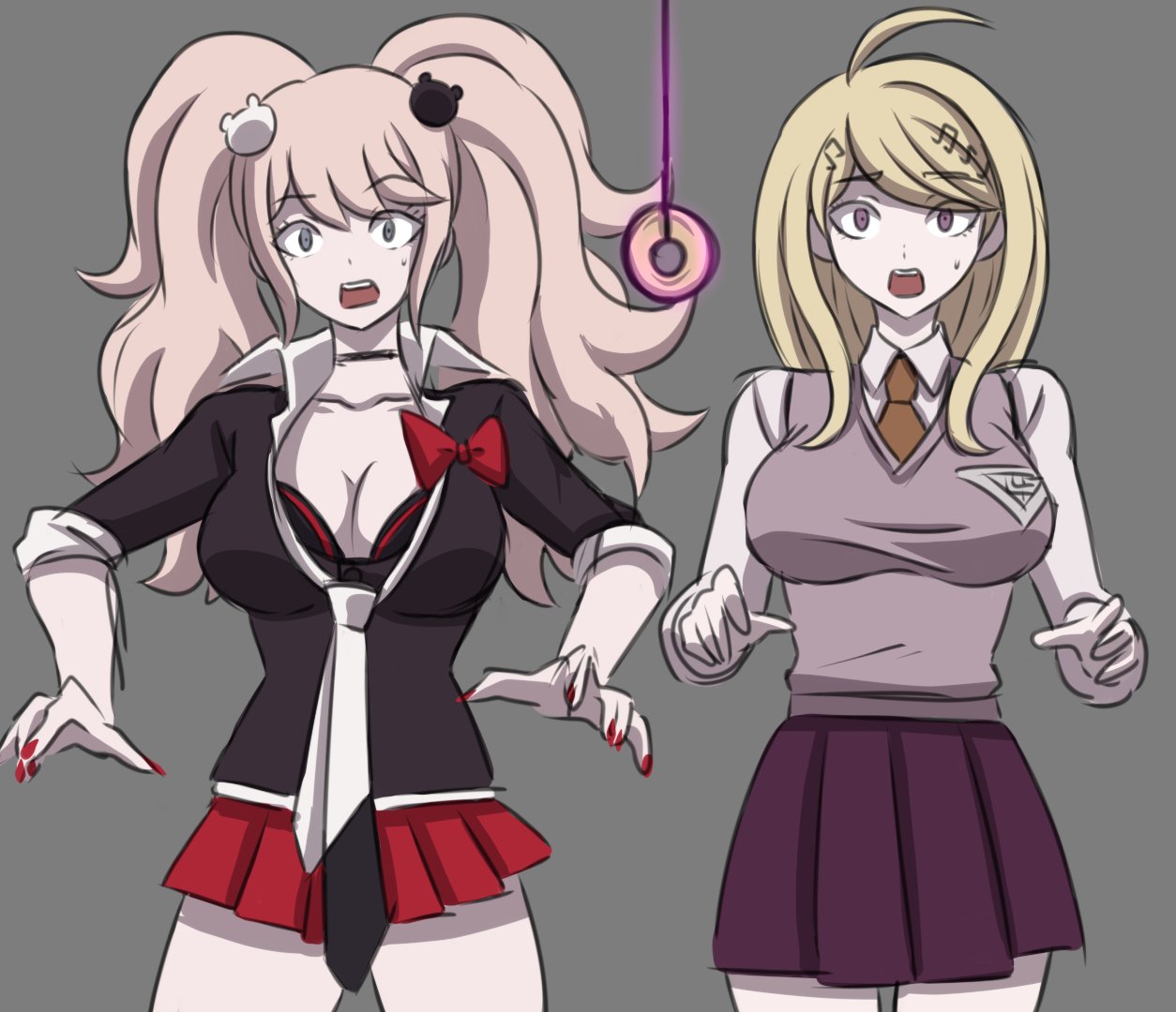 2girls, ahoge, akamatsu kaede, black bra, blonde hair, bra, bra peek, breasts, choker, cleavage, coin, coin on string, danganronpa, danganronpa v3, electrickronos, female, femsub, grey eyes, hair ornament, hypnosis, junko enoshima, large breasts, long hair, long nails, mind control, miniskirt, necktie, open mouth, painted nails, pendulum, pink hair, purple eyes, red skirt, school uniform, skirt, strawberry blonde hair, surprised, twintails, very long hair
