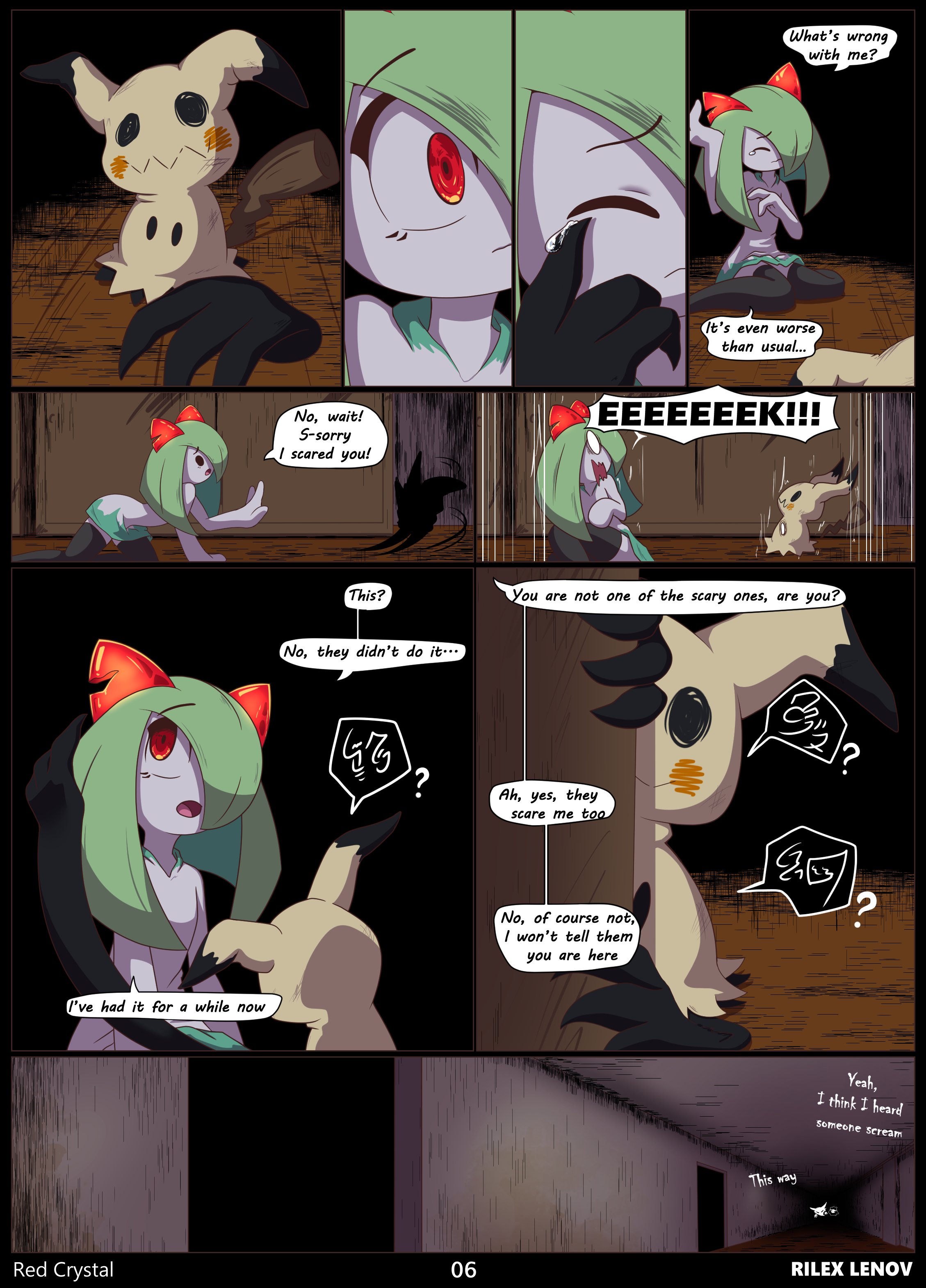 comic, english text, furry, gastly, haunter, kirlia, mimikyu, nintendo, page 6, pokemon, pokemon (species), red crystal (comic), rilex lenov