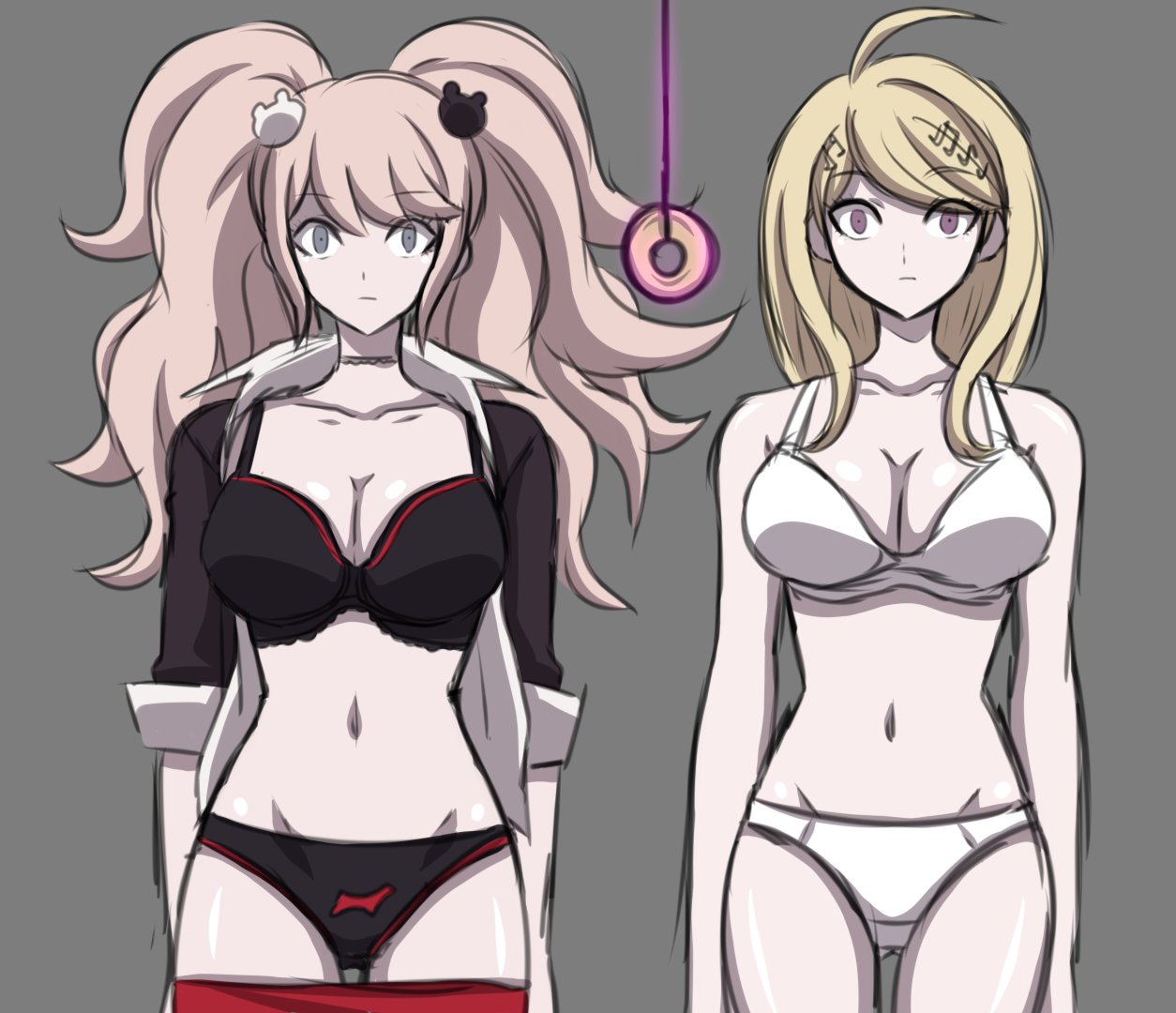2girls, ahoge, akamatsu kaede, black bra, black panties, blonde hair, bra, breasts, choker, cleavage, coin, coin on string, danganronpa, danganronpa v3, electrickronos, empty eyes, expressionless, female, femsub, grey eyes, hair ornament, hypnosis, junko enoshima, large breasts, lingerie, long hair, long nails, mind control, miniskirt, multiple females, multiple girls, navel, necktie, open clothes, painted nails, panties, pendulum, pink hair, purple eyes, red skirt, school uniform, skirt, skirt pull, standing at attention, strawberry blonde hair, twintails, underwear, undressing, very long hair, white bra, white panties