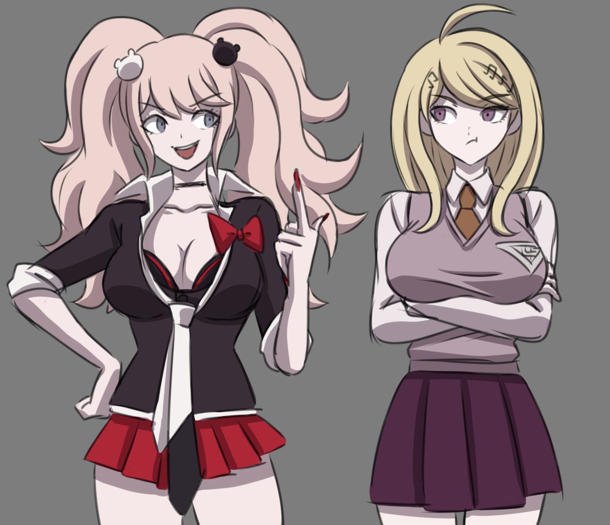 2girls, ahoge, akamatsu kaede, arms under breasts, black bra, blonde hair, bra, bra peek, breasts, choker, cleavage, danganronpa, danganronpa v3, electrickronos, female, grey eyes, gyaru, hair ornament, junko enoshima, large breasts, long hair, long nails, middle finger, miniskirt, necktie, open mouth, painted nails, pink hair, pout, purple eyes, red skirt, school uniform, skirt, smile, smug, strawberry blonde hair, twintails, very long hair
