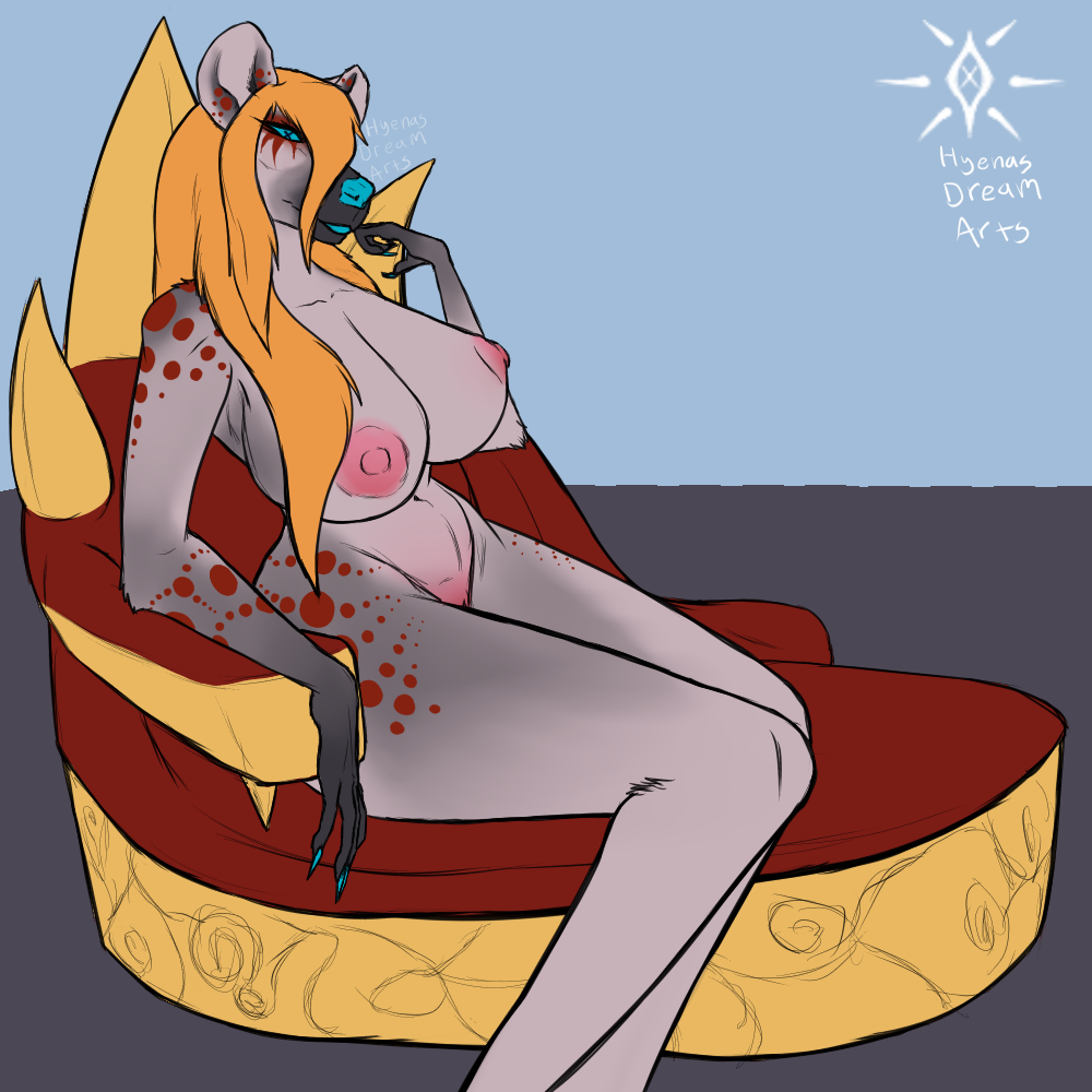 1:1 anthro areola belly big_breasts biped blonde_hair blue_eyes breasts chair curvy_figure digital_media_(artwork) female fingers fur furniture hair huge_breasts hyaenid hyenas_dream_arts long_hair long_legs looking_at_viewer mammal markings mature_anthro mature_female nipples nude on_chair simple_background sitting sitting_on_chair small_waist smile solo spotted_hyena thick_thighs wide_hips