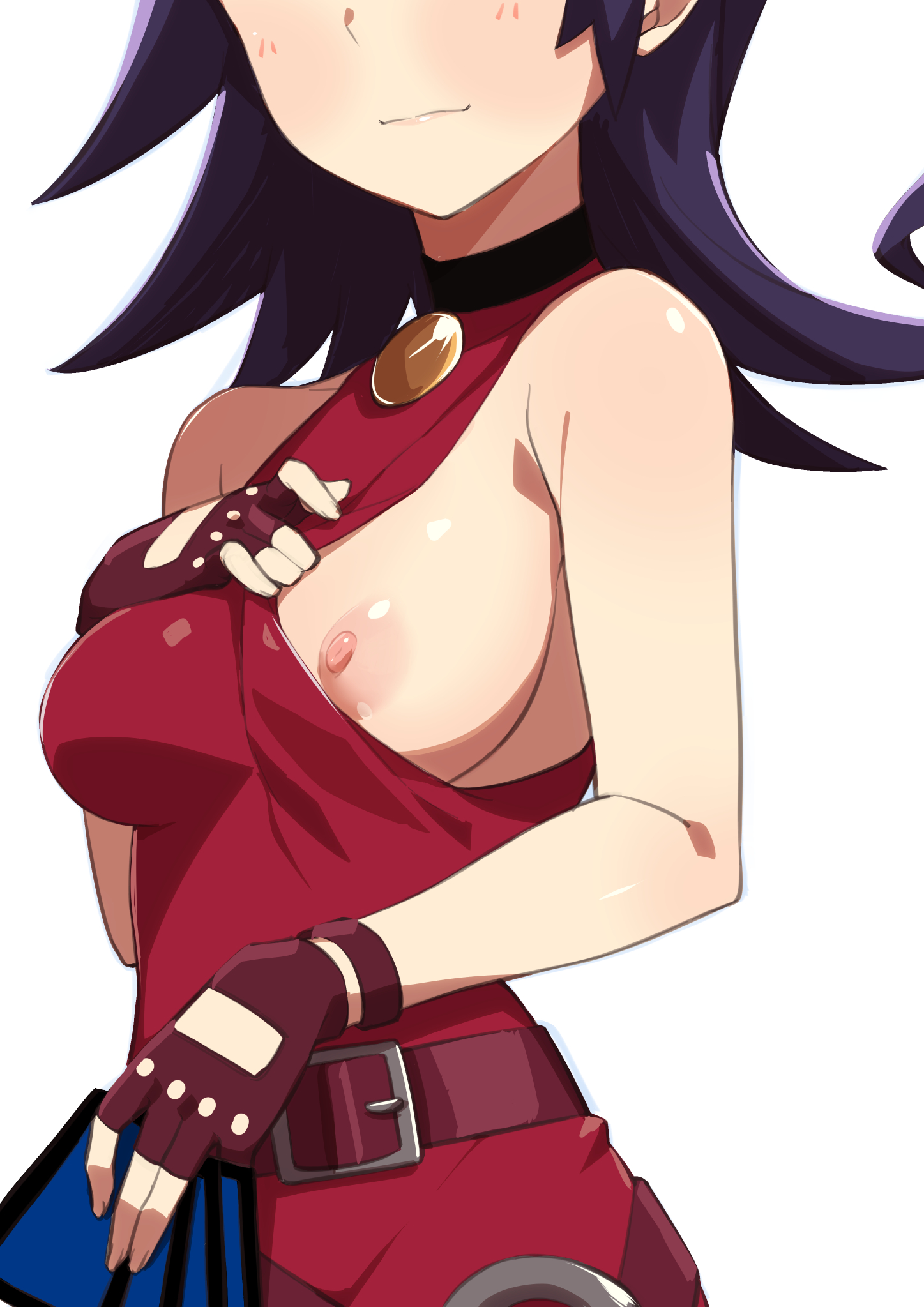 belt, black hair, blush, breasts, card, choker, duel masters, female, fingerless gloves, gloves, head out of frame, highres, holding, holding card, medium breasts, morisobo, nipples, no bra, one breast out, short hair, simple background, solo, tasogare mimi, trading card, white background