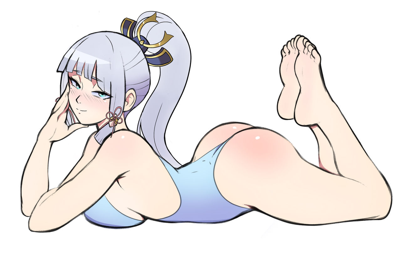 feet, female, genshin impact, hair ornament, kamisato ayaka, moonlsu, swimsuit, white hair