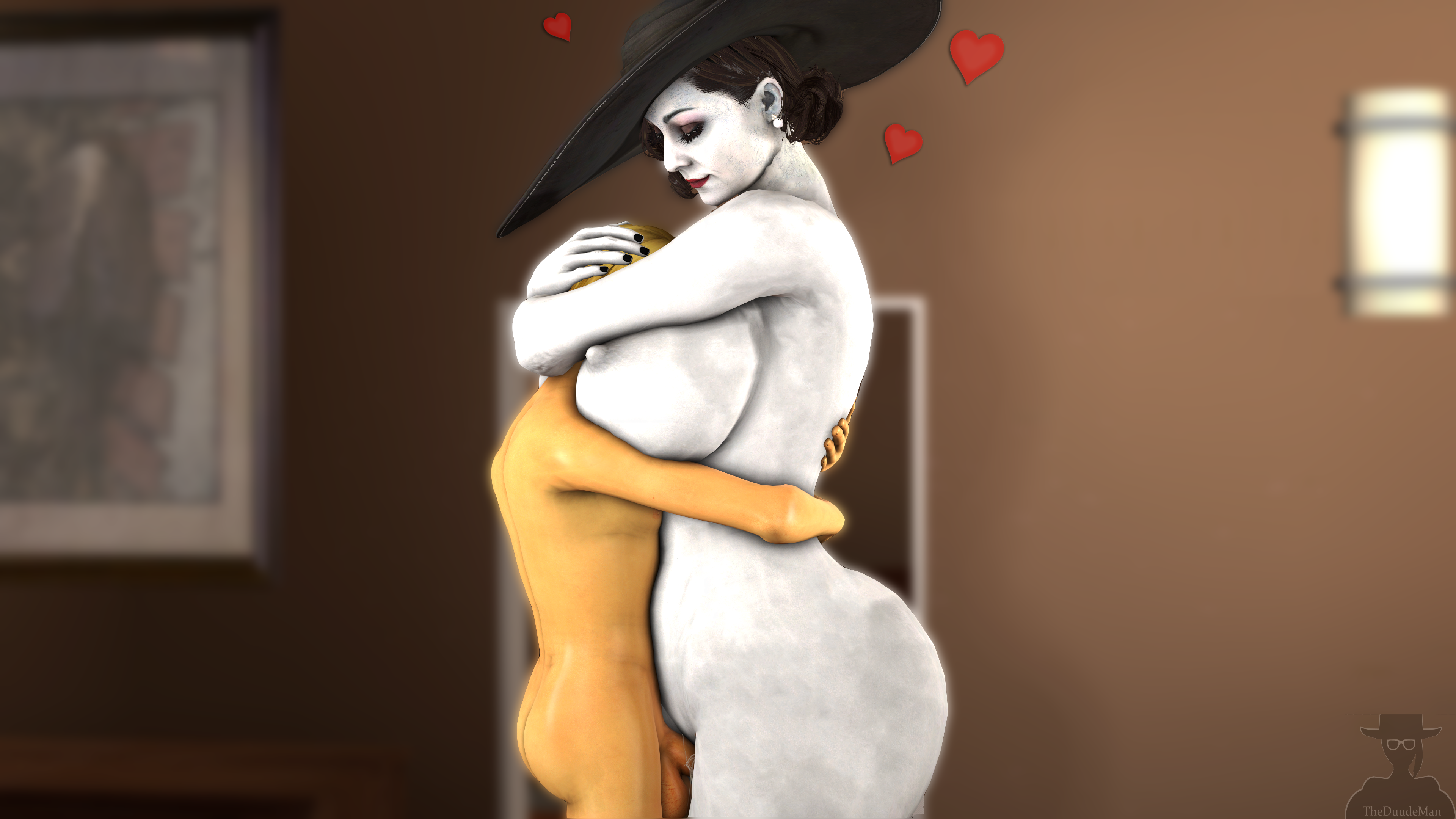 1boy, 1girls, 3d, alcina dimitrescu, ass, balls, big ass, big breasts, biohazard, black nails, breasts, capcom, chubby, cuddling, curves, earrings, female, femdom, gentle femdom, grey nipples, hand on head, hat, heart, hips, hug, huge ass, huge breasts, hugging, hyrule warriors, indoors, larger female, link, link (hyrule warriors), lipstick, makeup, male, milf, mommy kink, nintendo, nipples, nude, penis, pussy, red lipstick, resident evil, resident evil 8: village, size difference, smaller male, smothering, source filmmaker, squeezing, standing, straight, taller female, testicles, the legend of zelda, theduudeman, thick, unseen male face, vaginal penetration