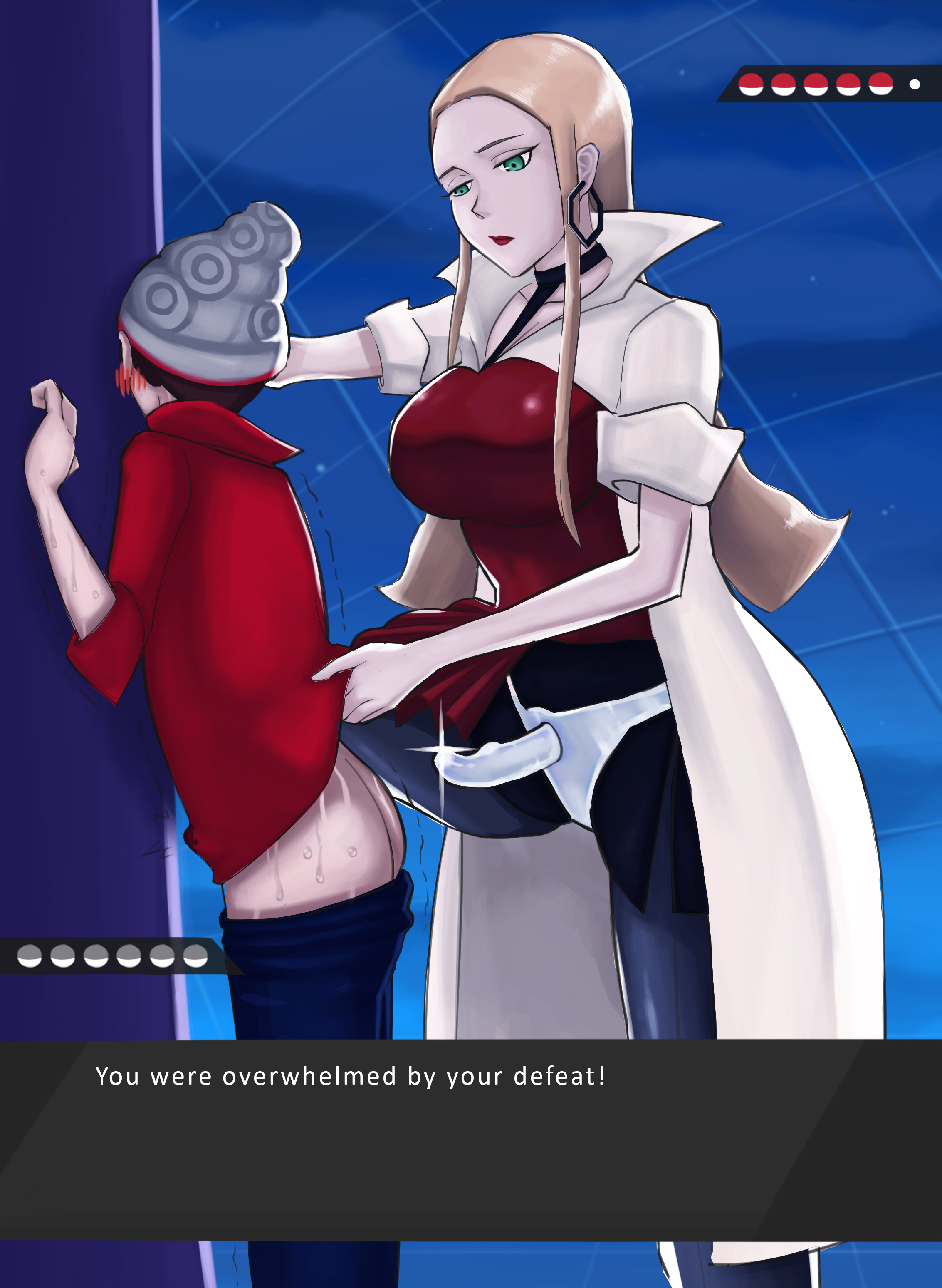 big breasts, breasts, bulge through clothing, earrings, emotionless sex, female, femdom, green eyes, height difference, imminent anal, imminent pegging, large breasts, lolicaust, male, nintendo, oleana (pokemon), pegging, penis, pokemon, pokemon ss, small penis, strap-on, strapon, trembling, victor (pokemon)