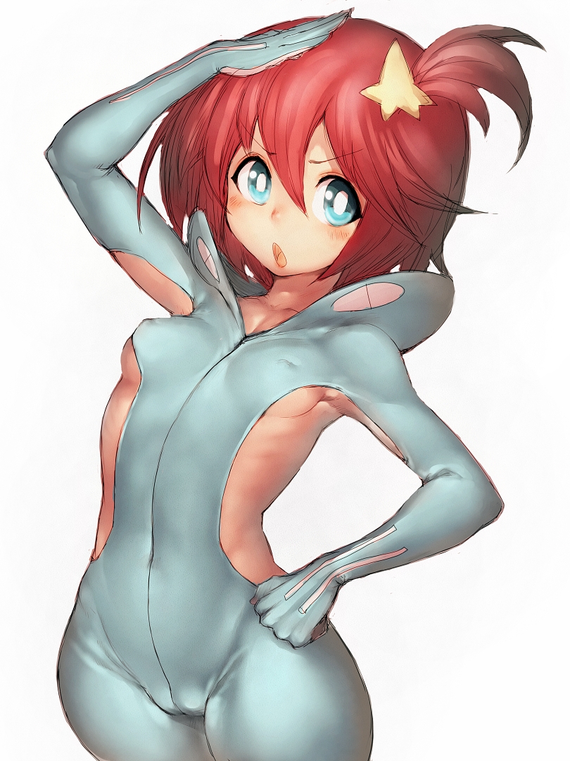 10s 1girls :o ass ass_visible_through_thighs blue_eyes bodysuit breasts bright_pupils cameltoe covered_erect_nipples covered_navel cowboy_shot female fumio_(rsqkr) hair_ornament hairclip hand_on_hip looking_at_viewer luluco nipples red_hair salute short_hair side_ponytail sideboob simple_background small_breasts solo space_patrol_luluco standing thick_thighs white_background wide_hips