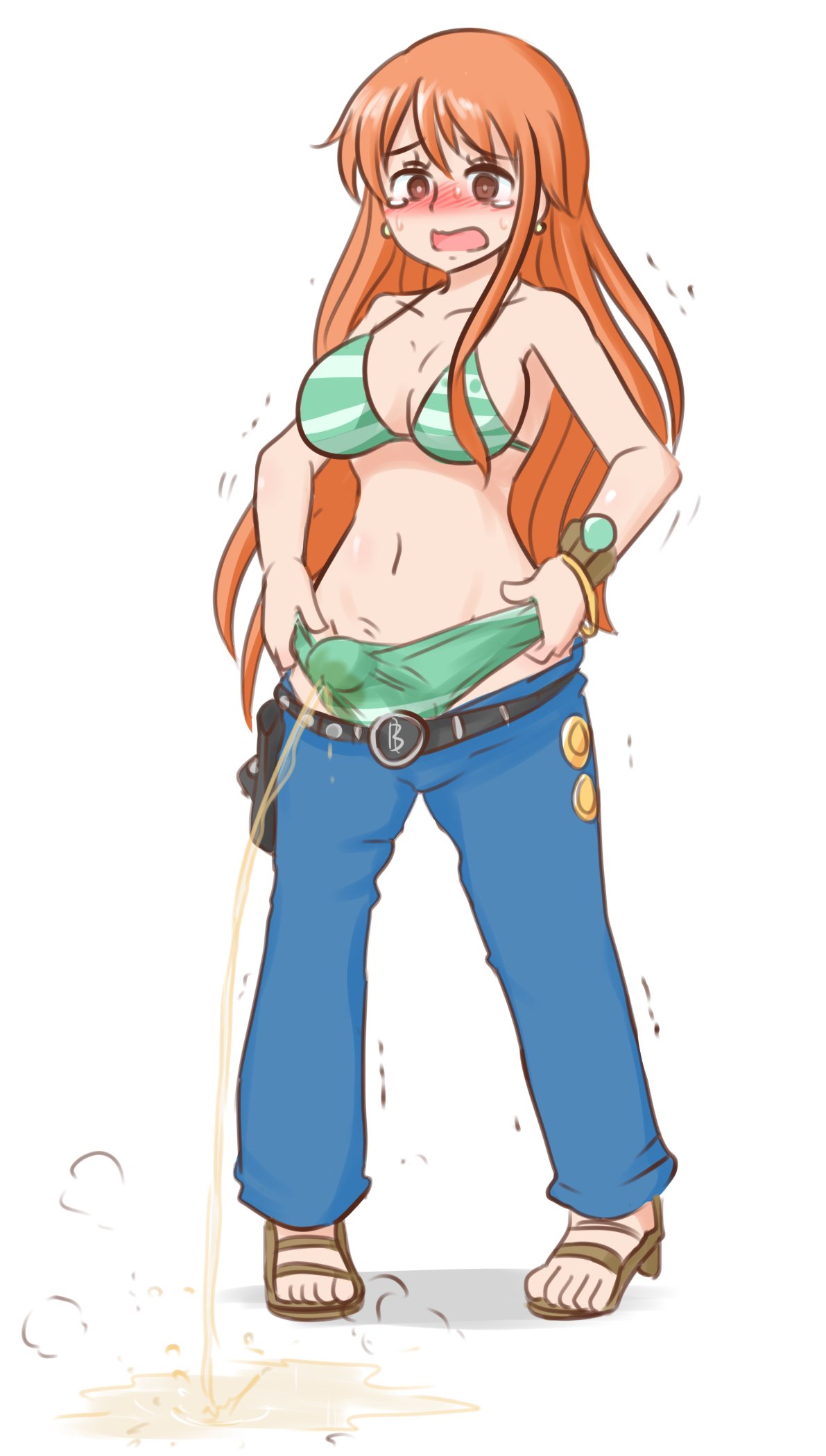 1futa big_breasts big_penis bikini bikini_bra breasts bulge clothed clothing erection erection_under_clothes futa_only futanari human light-skinned_futanari light_skin log_pose masturbation nami one_piece orange_hair panties panty_bulge partially_clothed peeing peeing_self peeing_through_clothing penis penis_bulge penis_in_panties post-timeskip solo solo_futa tenting urination urine water_noodle watersports