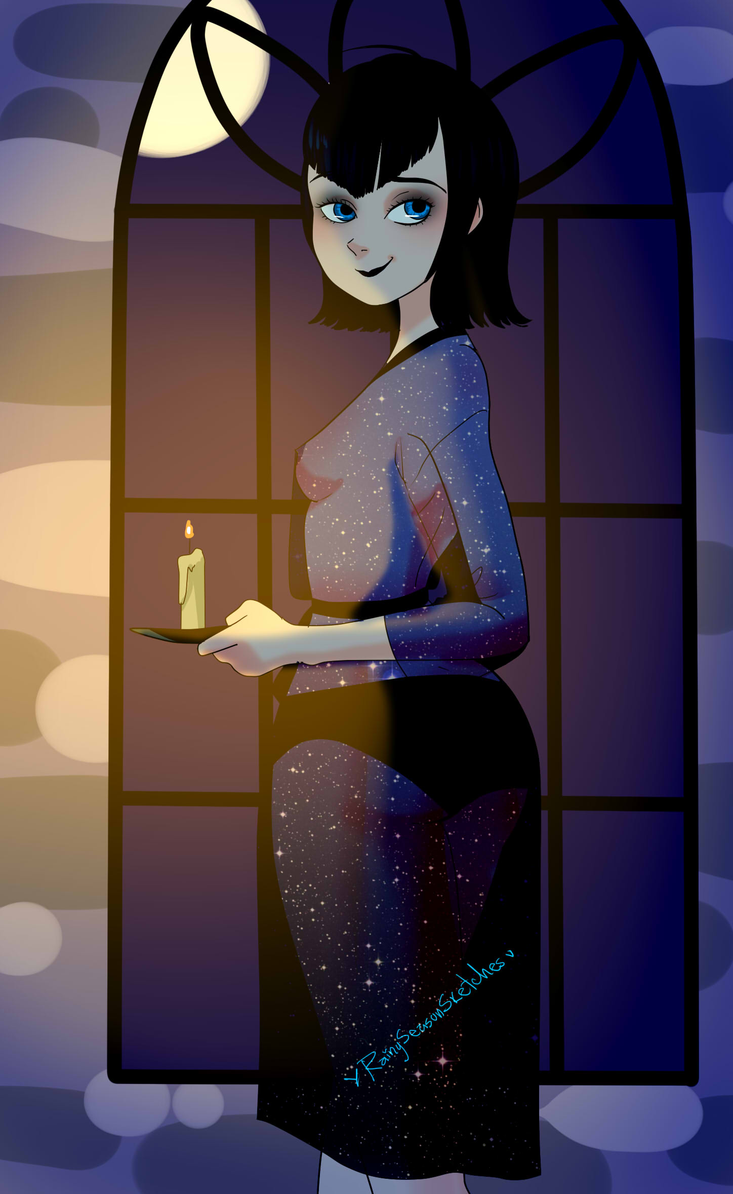 artist_name blue_eyes dark_background hotel_transylvania mavis_dracula rebeccarains see-through_clothing see-through_dress short_hair small_breasts smirking_at_viewer sparkle_fabric striped_panties topless_female vampire