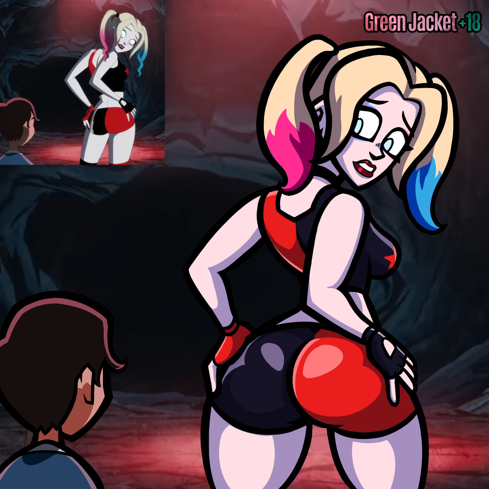 1boy, 1girls, age difference, ass, ass grab, back view, batman, batman (bruce wayne), batman (series), big ass, bruce wayne, canonical scene, choker, clothed, clothing, dc, dc comics, female, female focus, green jacket (artist), harleen quinzel, harley quinn, harley quinn (2019), harley quinn (series), larger female, male, older female, redraw, short shorts, shorts, size difference, smaller male, thick thighs, topwear, twintails, younger male