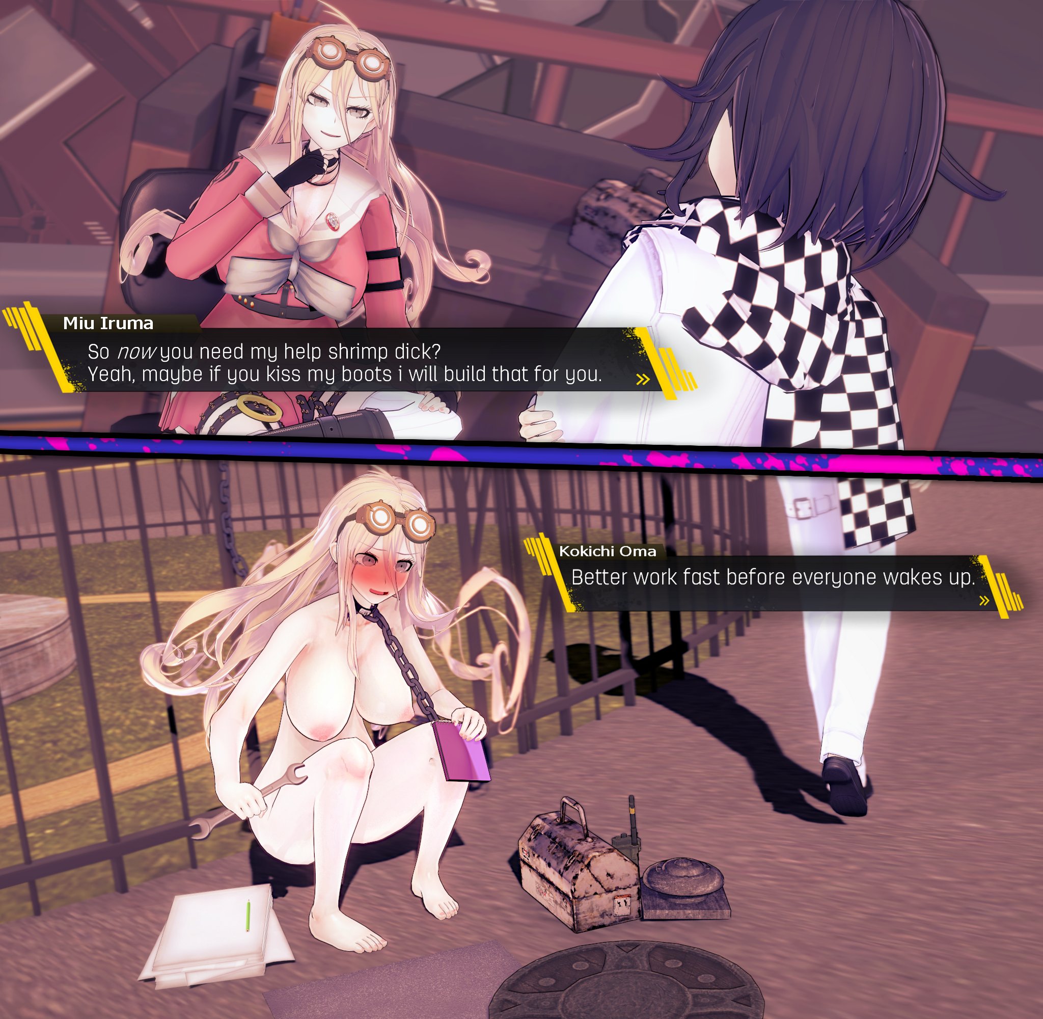 1boy, 1girls, 2koma, 3d, before and after, blonde hair, blush, breasts, chain leash, crouching, danganronpa, danganronpa v3, dialogue, embarrassed, embarrassed nude female, enf, english text, female, female focus, humiliation, instant loss 2koma, iruma miu, koikatsu, large breasts, leash, male, nude, nude female, ouma kokichi, outdoors, outside, pale skin, pale-skinned female, poly (artist), public, public exposure, public humiliation, public nudity, straight hair, text, wavy hair, wrench