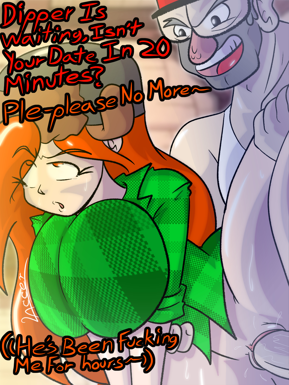 1boy, 1girls, age difference, ahe gao, artlaccer (artist), big breasts, blush, breasts, crying, crying with eyes open, cuckold, dialogue, disney, disney channel, disney xd, english text, female, ginger, gravity falls, long hair, male, netorare, old male, older male and younger female, one leg up, open mouth, orange hair, partially clothed, penis, pussy, smooth skin, standing sex, stanley pines, straight, submissive, teenage female, teenager, wendy corduroy, younger female