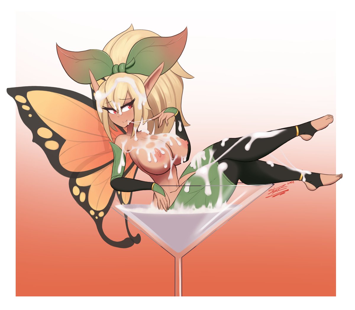 1girls almond_(gentlemannco) areolae blonde_hair blush breasts cocktail_glass commission cum fairy fairy_wings female female_only florazarts girl_in_a_cup glass glass_of_cum high_ponytail long_hair looking_away nipples original original_character pointy_ears ponytail red_eyes smiling solo solo_female wings