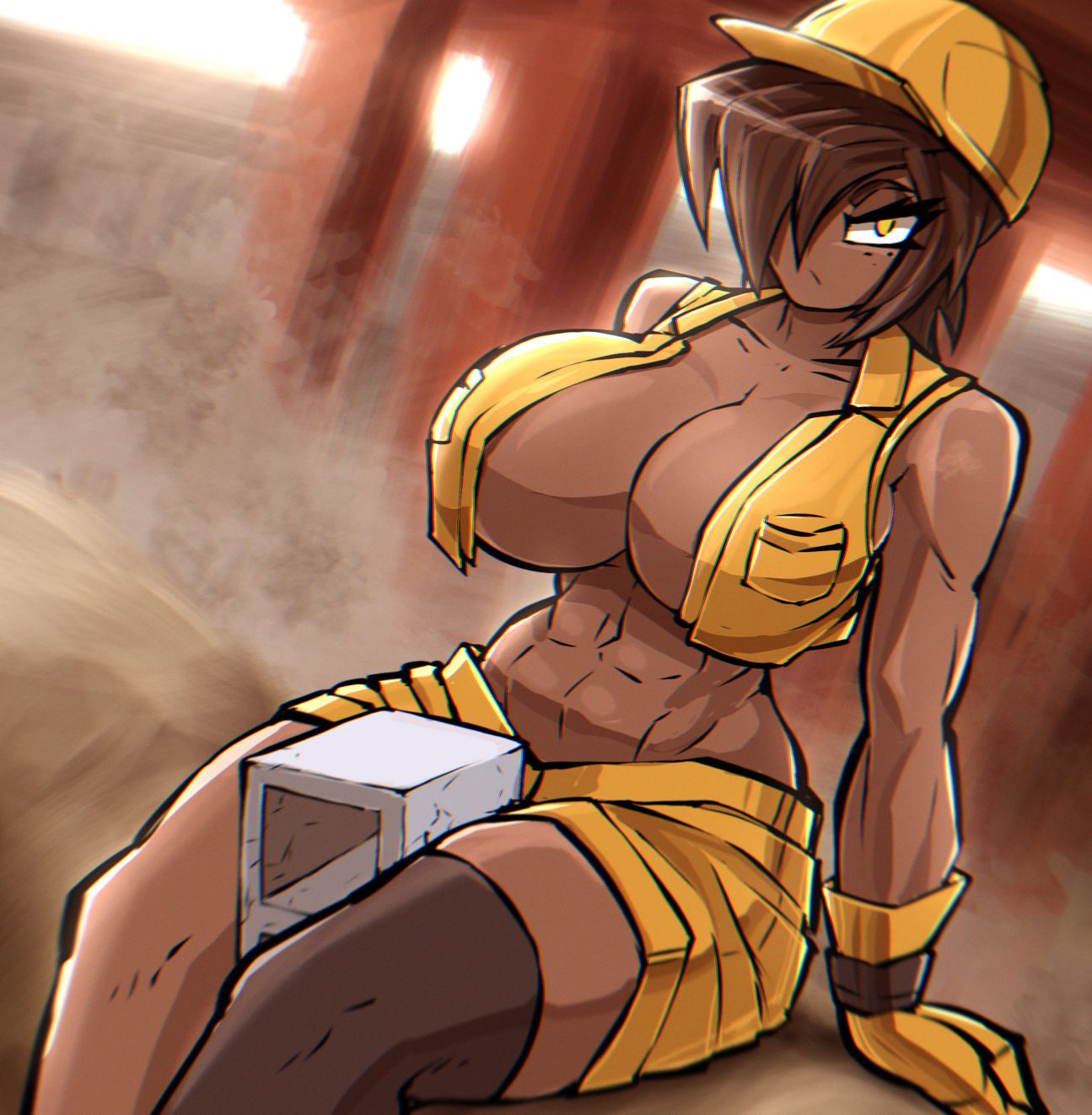 abs albry_(zzzhodazzz) cinder_block dark-skinned_female female_only hair_over_one_eye muscular_female no_bra open_clothes original tagme thick thick_thighs thigh_crush zzzhodazzz