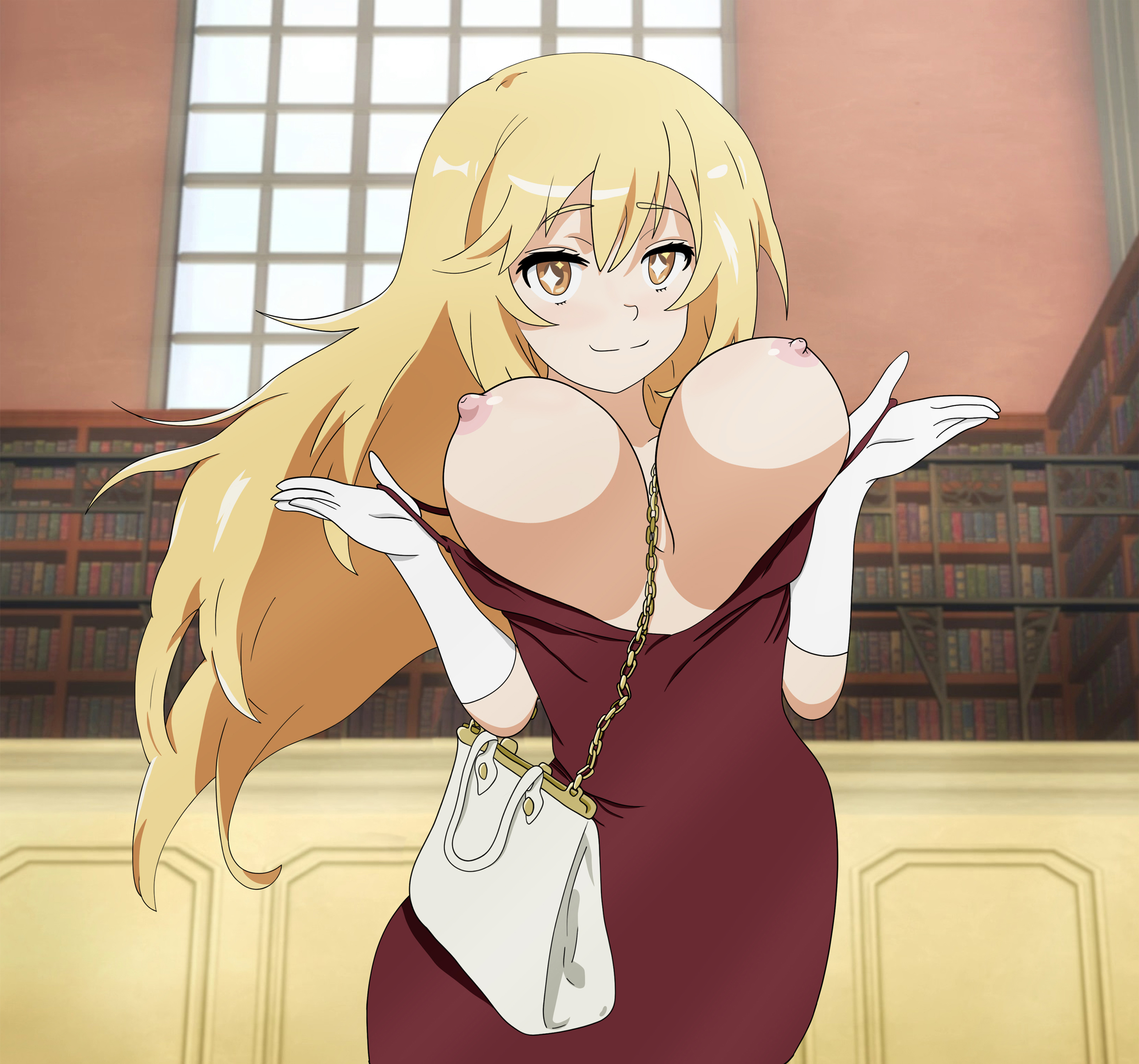 1girls, absurd res, areola, areolae, blonde hair, breasts, breasts out, elbow gloves, electricshark, erect nipples, female, female only, large breasts, light skin, light-skinned female, long hair, looking at viewer, nipples, no bra, orange eyes, shokuhou misaki, smile, solo, solo female, sparkling eyes, standing, teenage female, teenager, to aru kagaku no railgun, to aru majutsu no index, yellow pupils, young