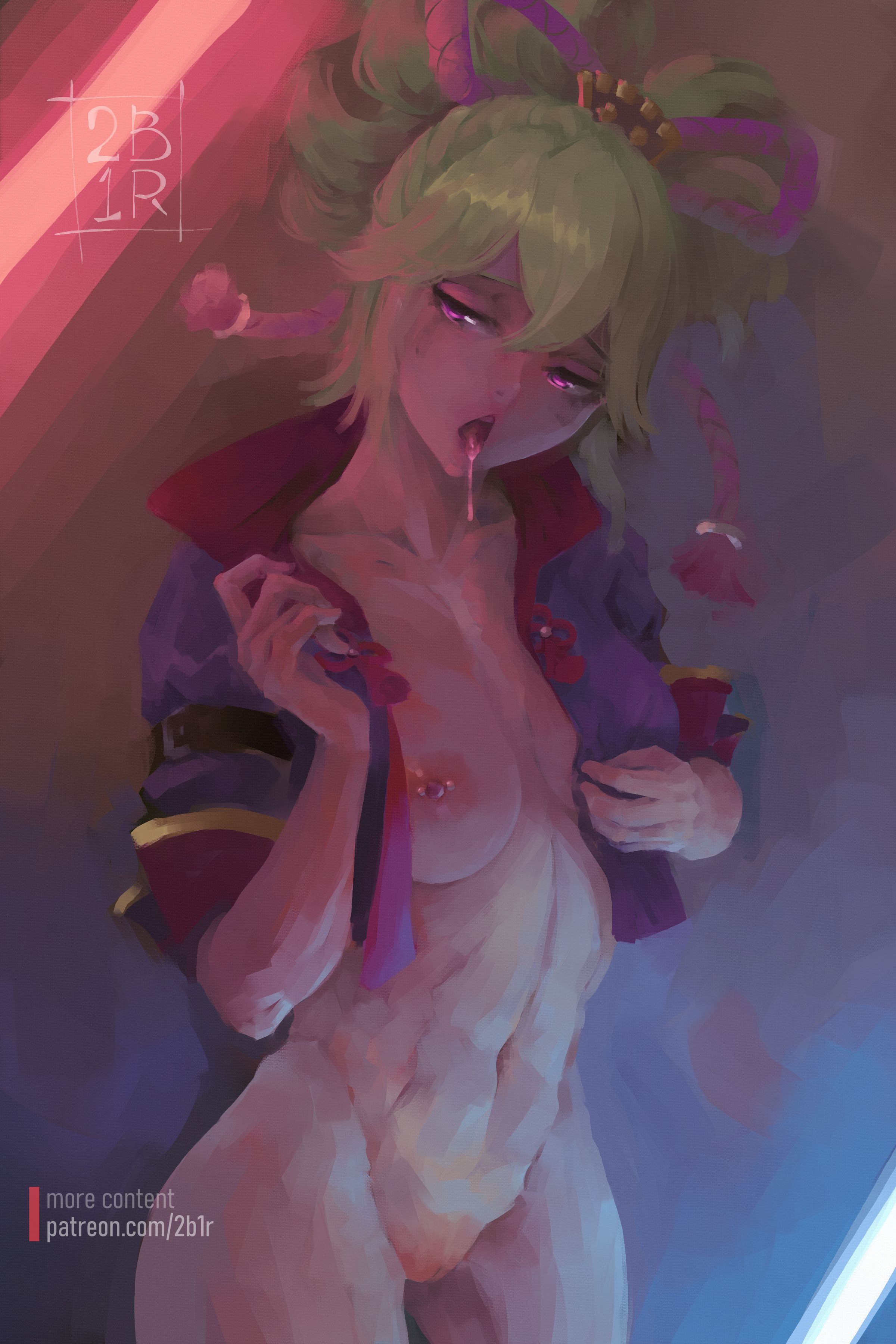 2bells1ravine, abs, artist logo, breasts, female, genshin impact, green hair, hair between eyes, hair ornament, jacket, kuki shinobu, looking at viewer, muscular, muscular female, neon lights, nipple piercing, nipples, open clothes, open jacket, open shirt, painting (artwork), patreon username, piercing, ponytail, purple eyes, pussy, saliva drooling, saliva string, showing breasts, squinted eyes, standing, tongue, tongue out