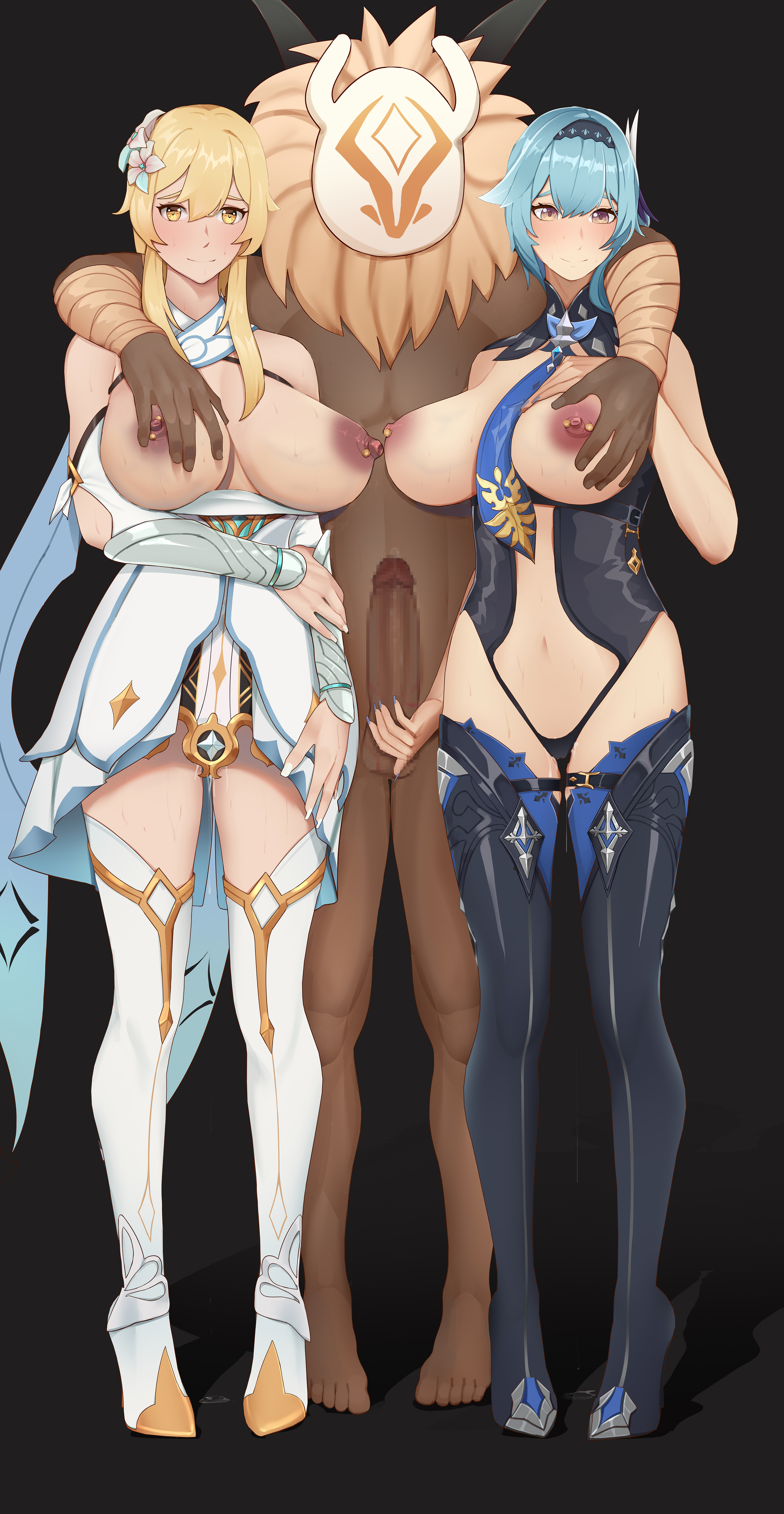 1boy, 2girls, areolae, big breasts, blonde hair, blue hair, breast grab, breasts, censored, erection, eula (genshin impact), female, genshin impact, groping, high heel boots, hilichurls (species), huge breasts, humanoid, imminent sex, interspecies, large breasts, lumine (genshin impact), male, monster, multiple females, multiple girls, netorare, nipple piercing, nipples, penis, piercing, pimp, pussy, pussy juice, tm yuebing, wet pussy