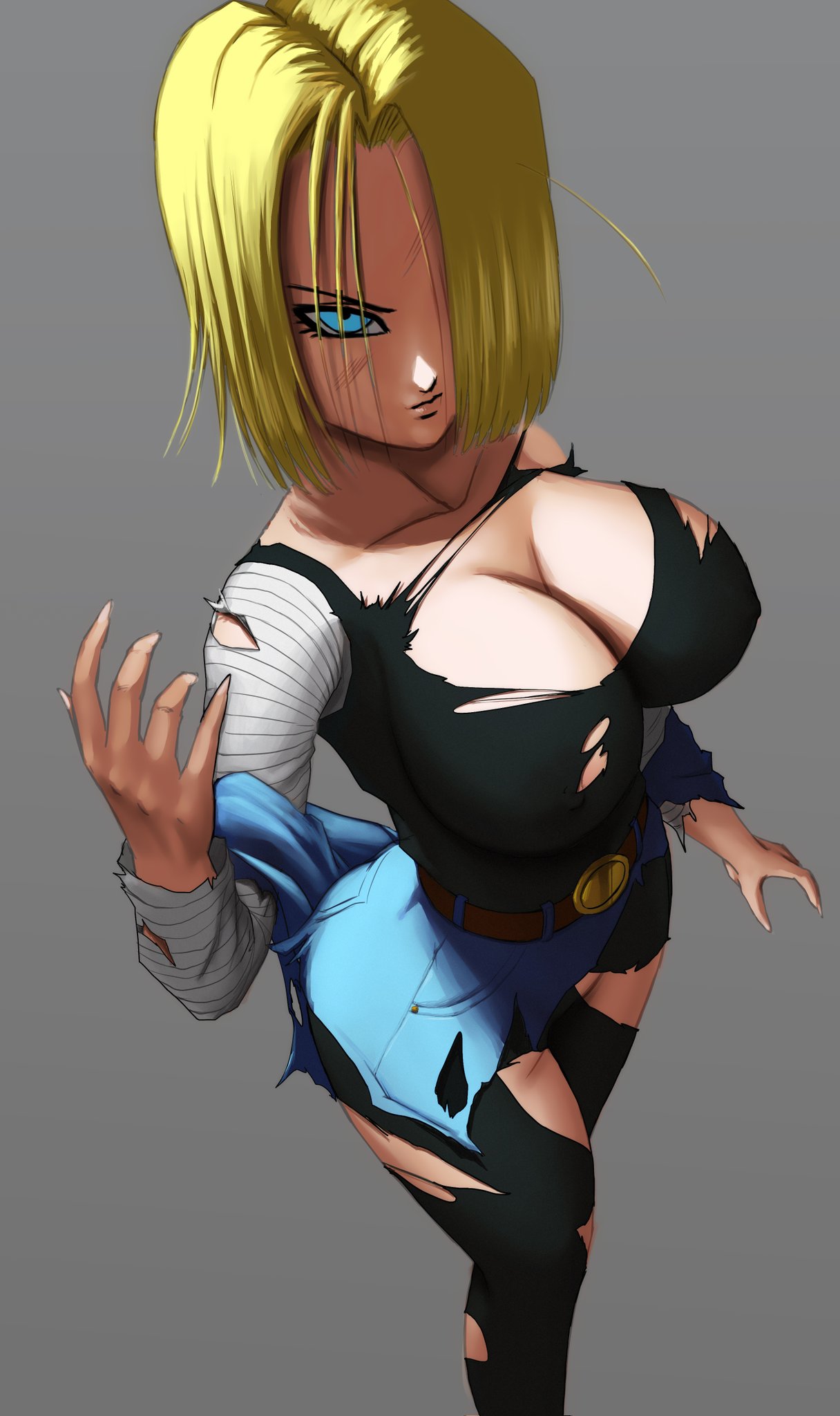 1girls, android 18, blonde hair, blue eyes, breasts, cleavage, dragon ball, dragon ball z, elitenappa, female, female only, hair over one eye, hi res, huge breasts, large breasts, looking at viewer, shounen jump, solo, torn clothes