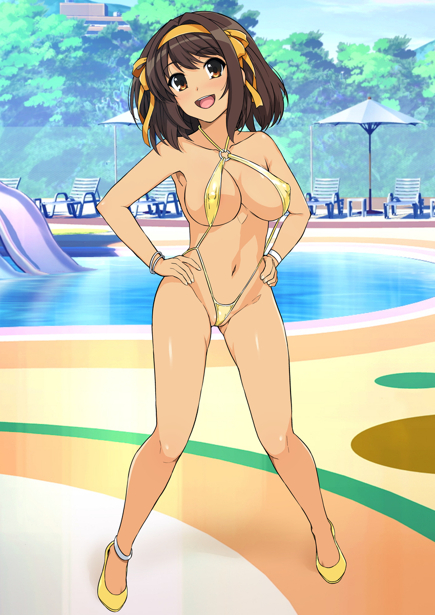 :d, 1girls, armpits, ass visible through thighs, bangs, blush, bow, breasts, brown eyes, brown hair, collarbone, erect nipples under clothes, eyebrows visible through hair, female, full body, hair bow, hair ornament, hairband, hands on hips, haruhisky, high heels, highres, looking at viewer, medium breasts, medium hair, micro bikini, open mouth, orange hairband, outdoors, pool, single sidelock, slingshot swimsuit, smile, solo, suzumiya haruhi, suzumiya haruhi no yuuutsu, swept bangs, swimsuit, tagme, tan, teeth, upper teeth, water, yellow footwear