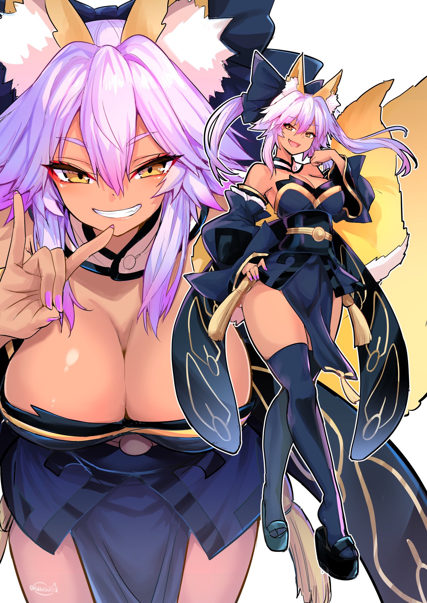 brown skin, fate (series), fate/extra, fate/grand order, female, fox ears, fox girl, fox tail, gyaru, tagme, tamamo no mae (fate), wisespeak