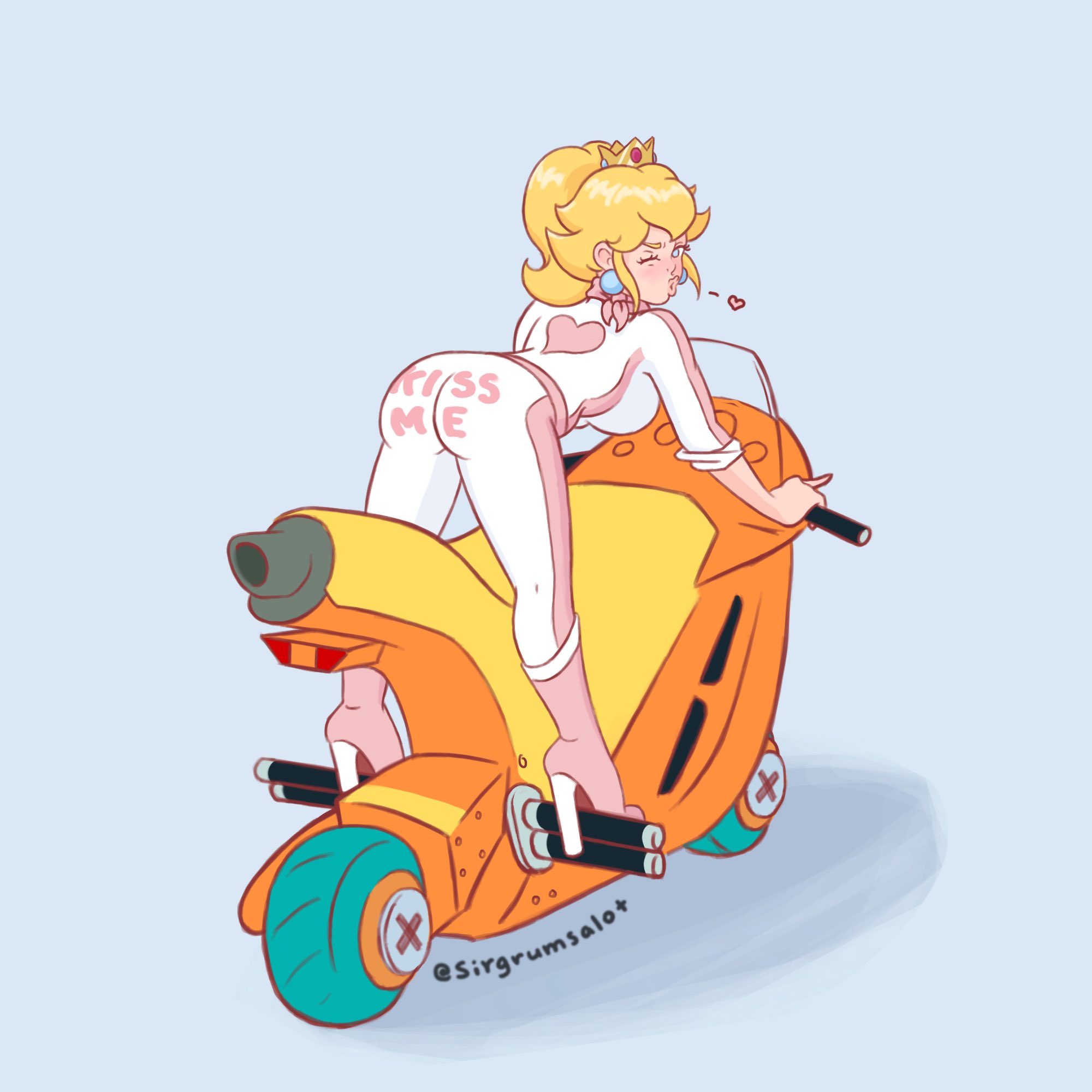 1:1, 1girls, 2022, absurd res, artist name, ass, ass up, big ass, blonde hair, blowing kiss, blue background, blue eyes, bodysuit, boots, breasts, clothes writing, clothing, crown, earrings, female, female only, footwear, full body, gloves, handwear, heart, high heel boots, high heels, highres, human, jewelry, jumpsuit, large breasts, lips, long hair, looking at viewer, looking back, mario (series), mario kart, motorcycle, nintendo, on vehicle, pale skin, pink gloves, ponytail, princess peach, puckered lips, scarf, seductive, sexually suggestive, signature, simple background, sirgrumsalot, skin tight, solo, text, tied hair, tight clothing, twitter username, vehicle, wink