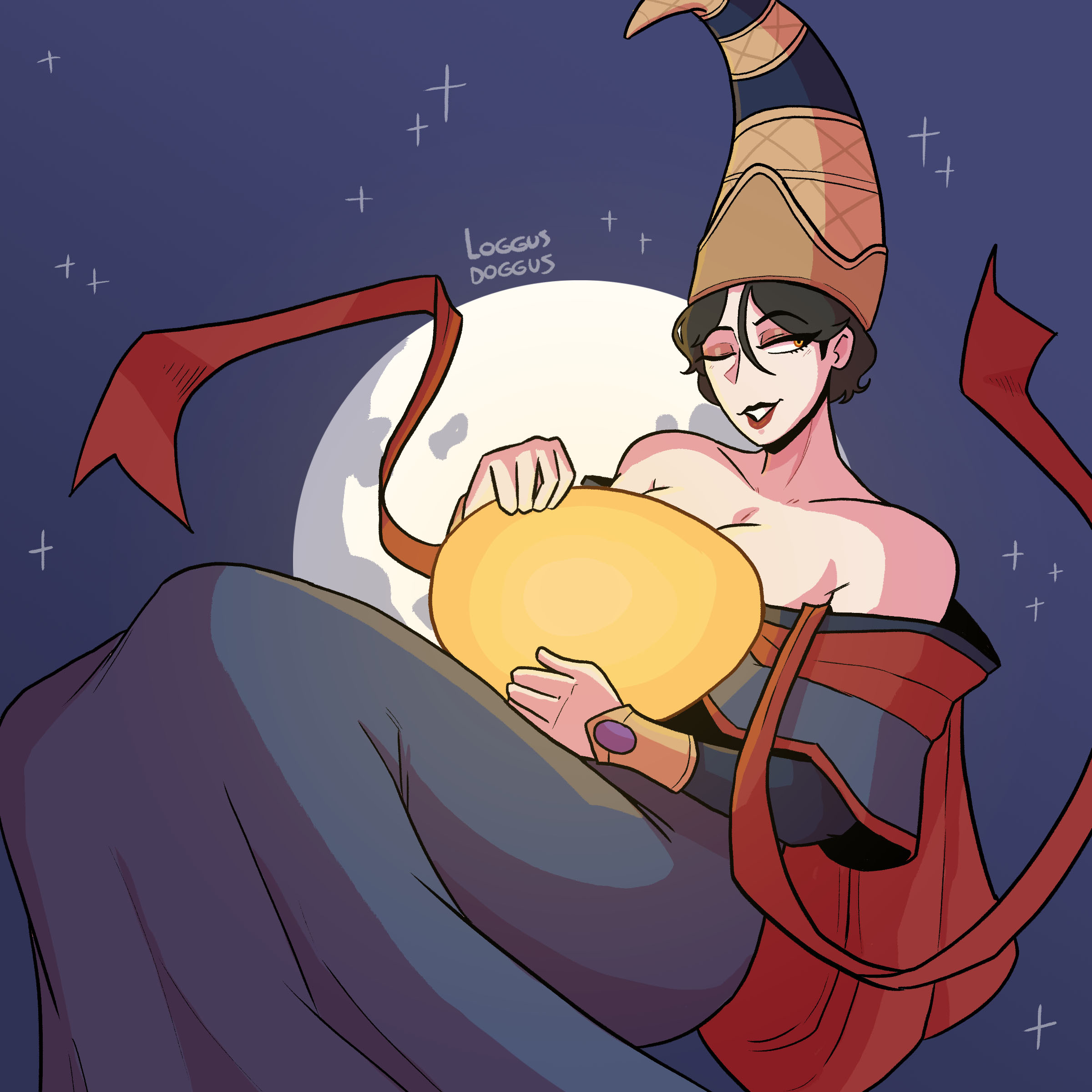 egg, elden ring, exposed shoulders, female, fromsoftware, hat, lipstick, loggus doggus, mature female, milf, moon, red lipstick, rennala queen of the full moon, robe, seductive, seductive look, seductive smile, short hair, stars, wink, winking at viewer, witch