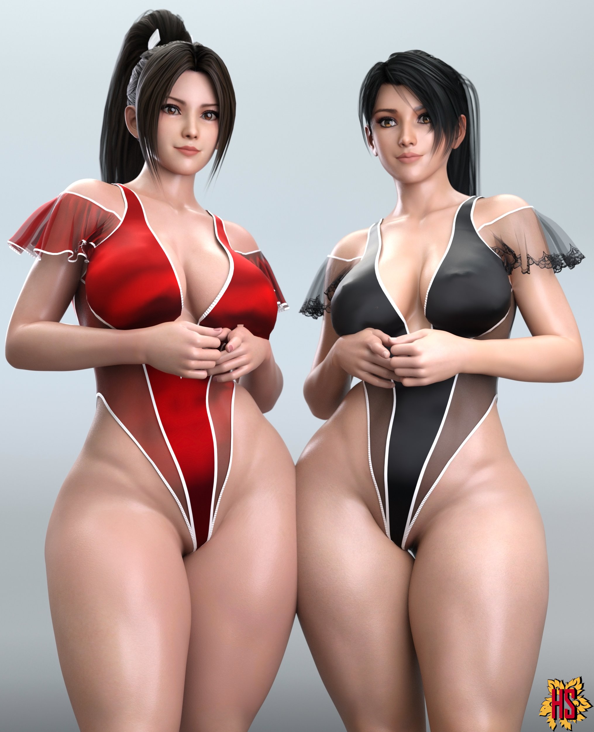 2girls, 3d, big breasts, breasts, dead or alive, fatal fury, female, female only, hagiwara studio, king of fighters, mai shiranui, momiji (ninja gaiden), swimsuit, thick thighs