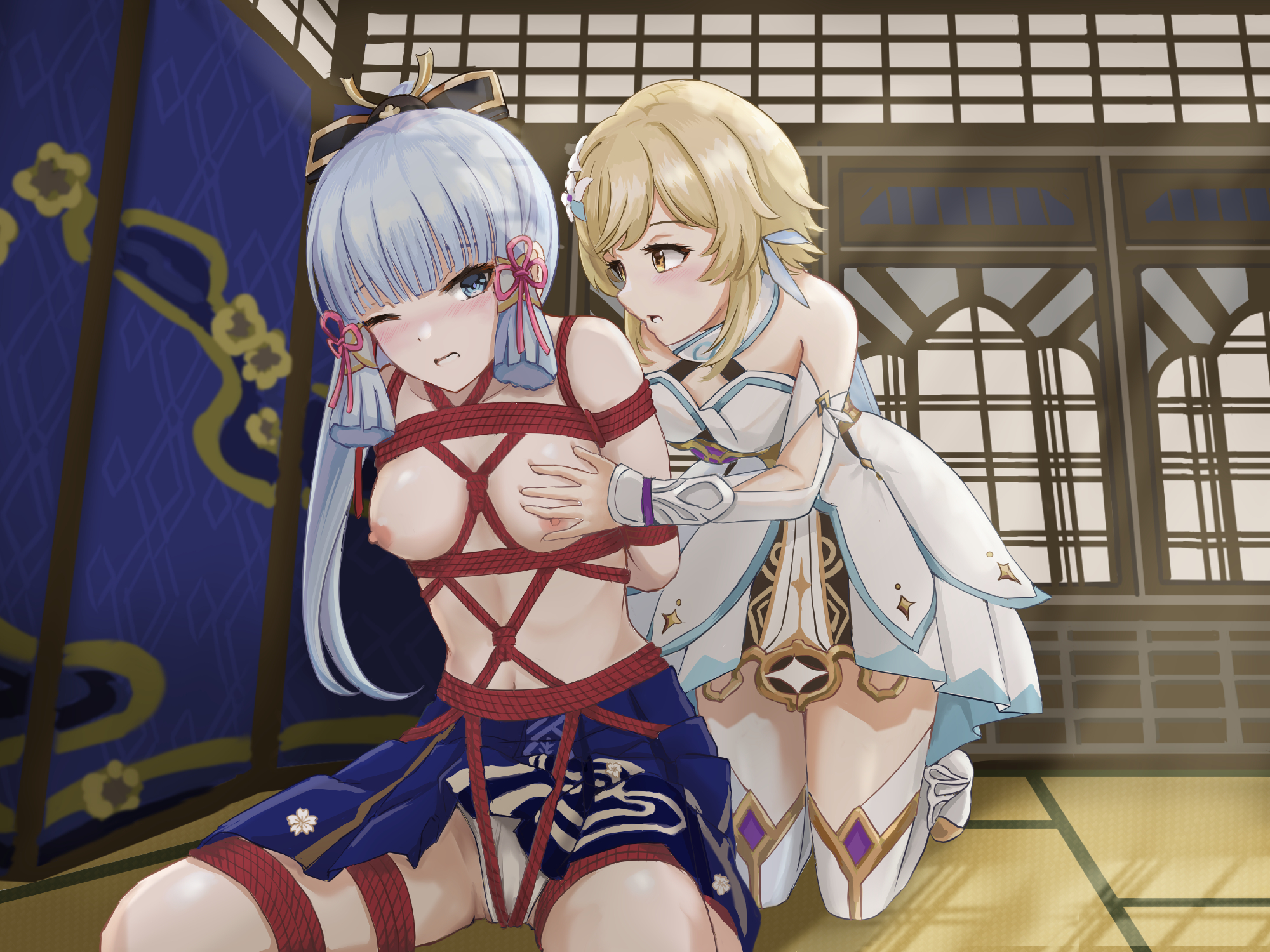 2girls, arms behind back, bangs, blonde hair, blue eyes, blue hair, blush, bondage, breast grab, breasts, breasts out, dragonbone0000, female, female focus, female only, femdom, femsub, genshin impact, hair ornament, hair ribbon, kamisato ayaka, lesbian sex, lumine (genshin impact), multiple females, multiple girls, nipples, one eye closed, panties, partially clothed, ponytail, red rope, rope, rope bondage, rope harness, silver hair, skirt, tied, tied up, topless, topless female, yellow eyes, yuri